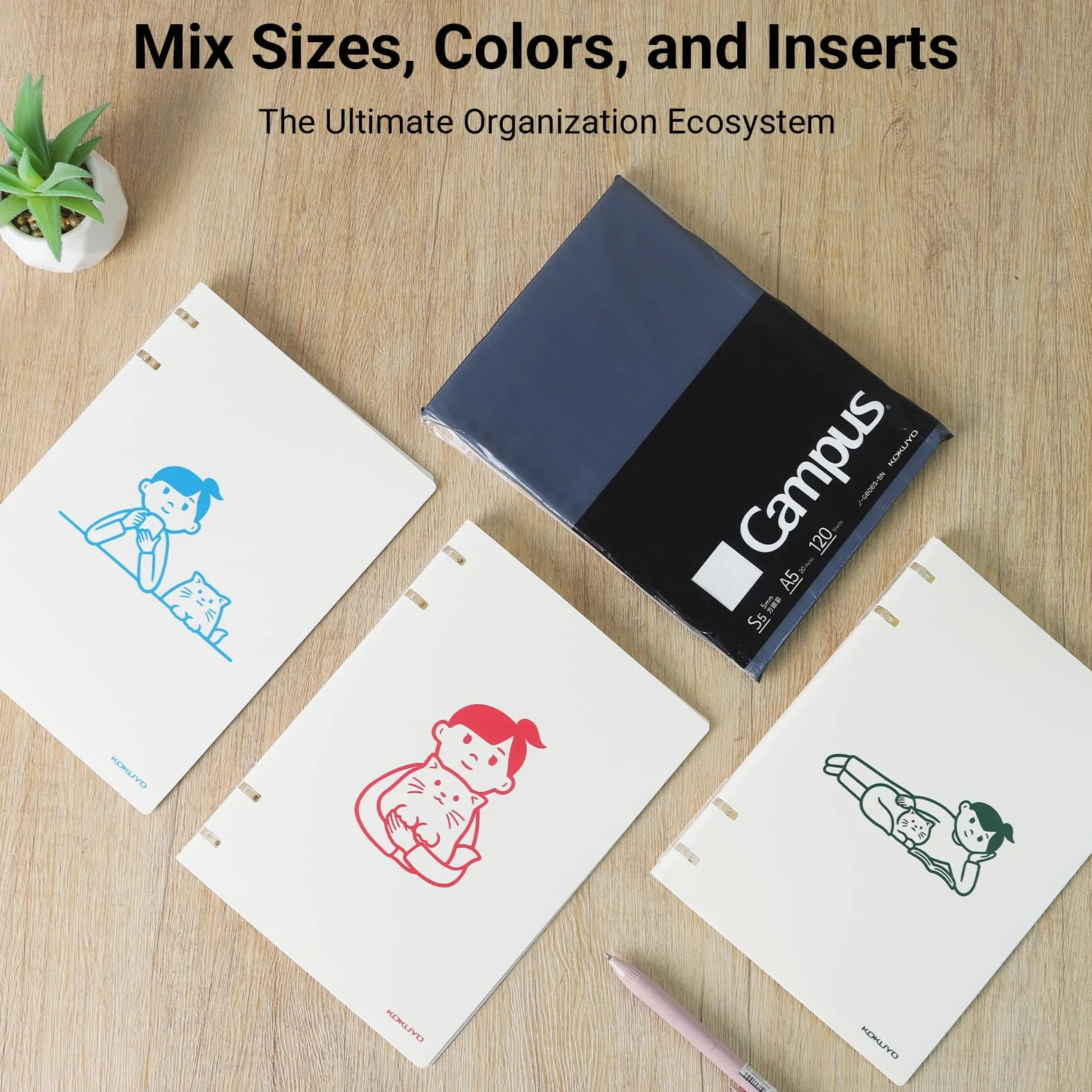 KOKUYO Good Time - Confezione da 3 quaderni a spirale 2 x 2, formato A5, ricaricabili, con 120 fogli extra di carta a quadretti da 120 x 12 cm, 10 fogli preconfezionati a righe da 8 mm ciascuno, per