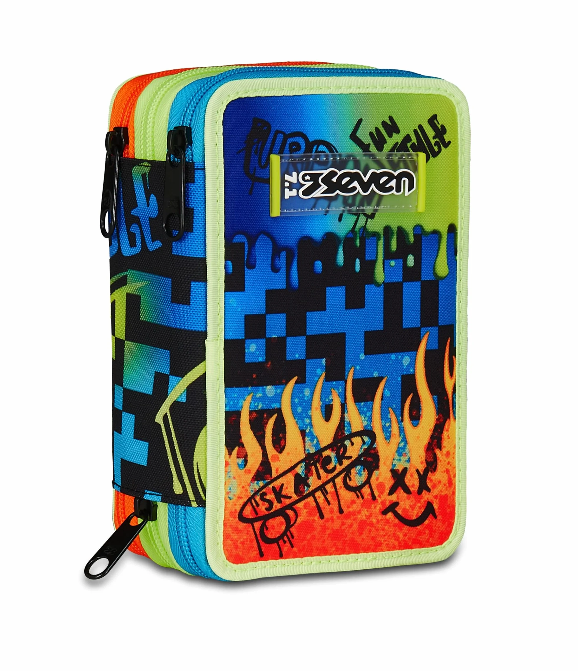 Seven Astuccio Scuola 3 Zip SCRIBBLED FLAME, Blu, Portapenne Triplo Scomparto Completo Di Penne, Matite, Colori, Accessori Zaino, Scuola Elementare, Bambino