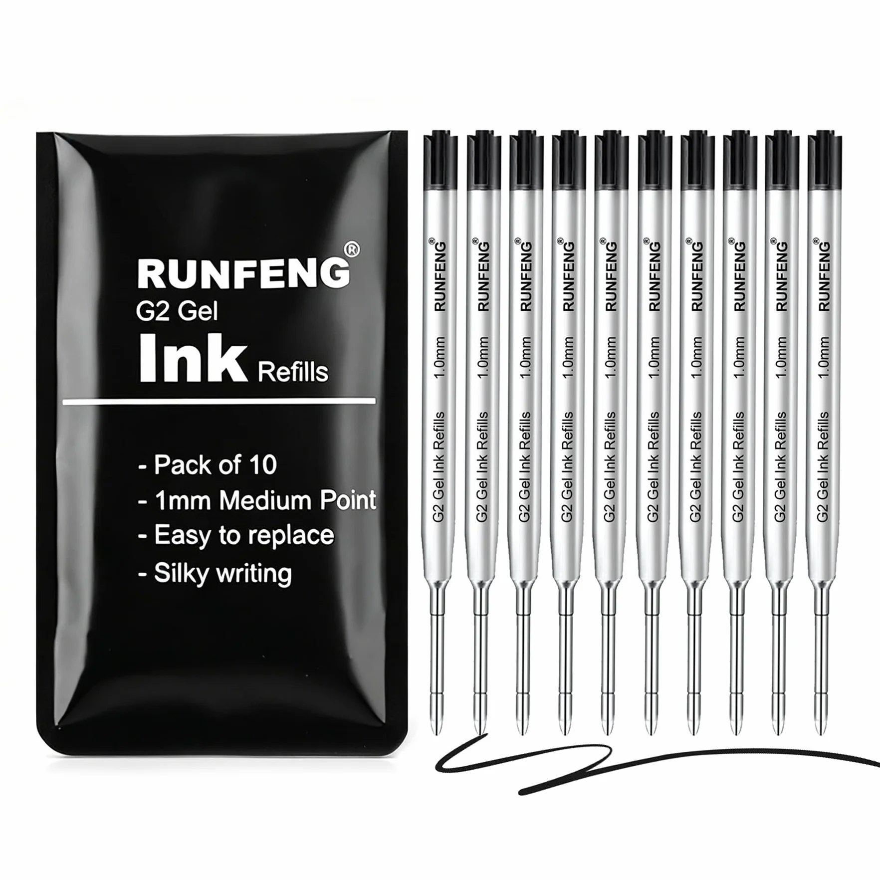 Ricariche Inchiostro per Penne a Sfera 1mm G2, Set di 10 Pezzi Refill, Ricarica Sostituibile (Nero)
