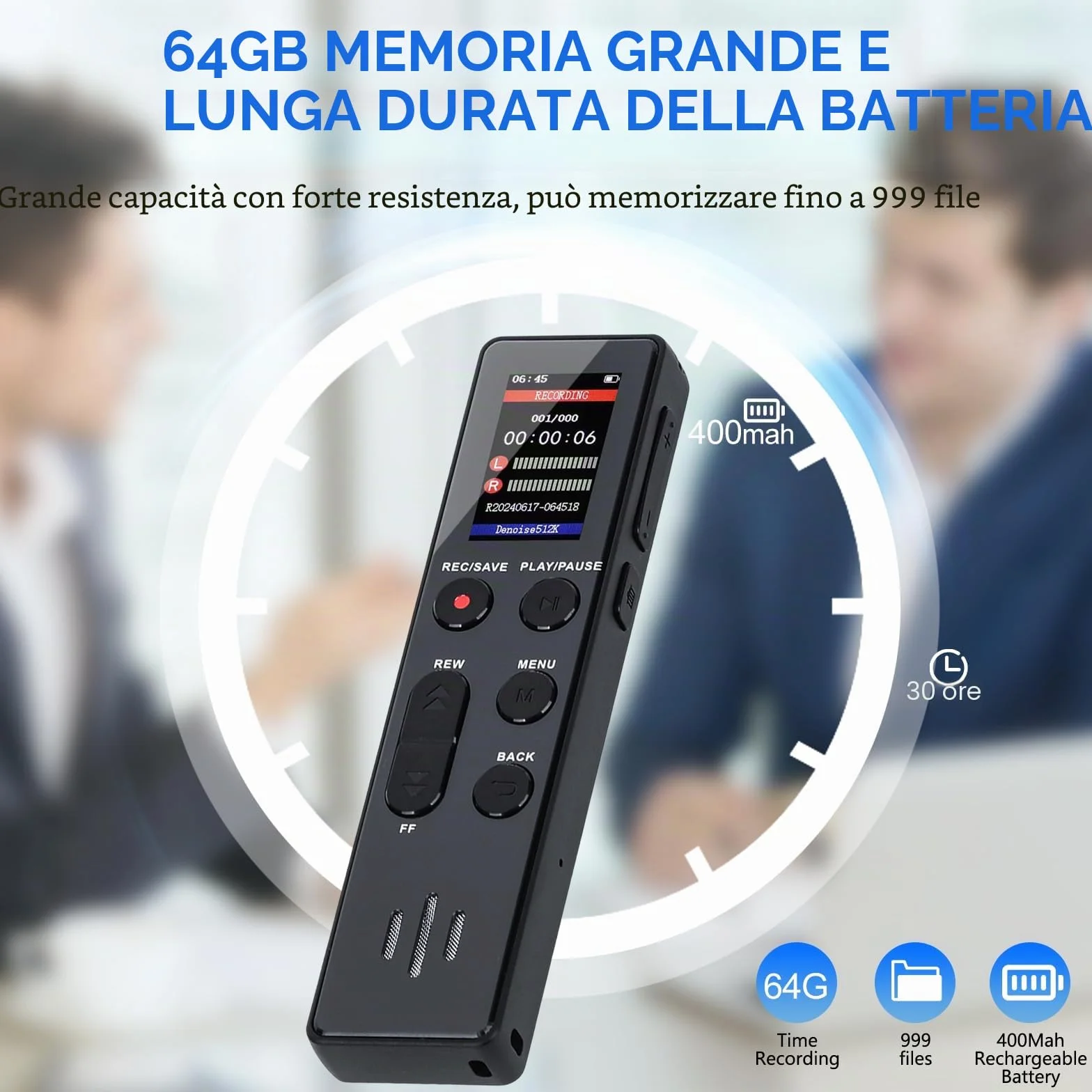Registratore Vocale Digitale da 64 GB, Attivato, Portatile con Riproduzione, HD per Interviste/Lezioni/Riunioni