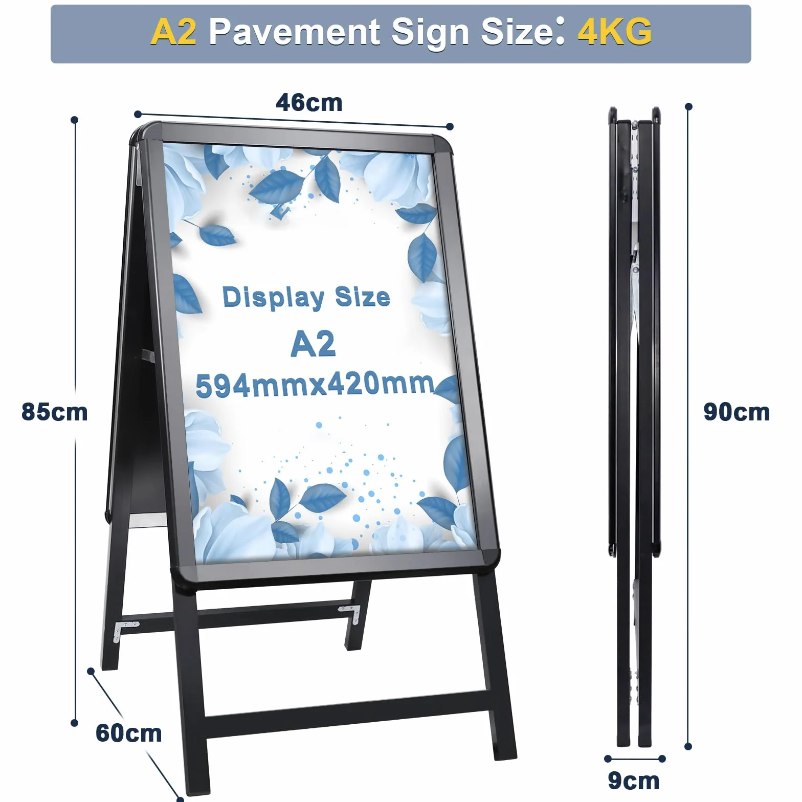 A2 Pavimentazione Cartello Cornice Cartello Doppio Lato Display A-Board Poster Stand Segno Titolare per Pubblicità (Nero-A2)