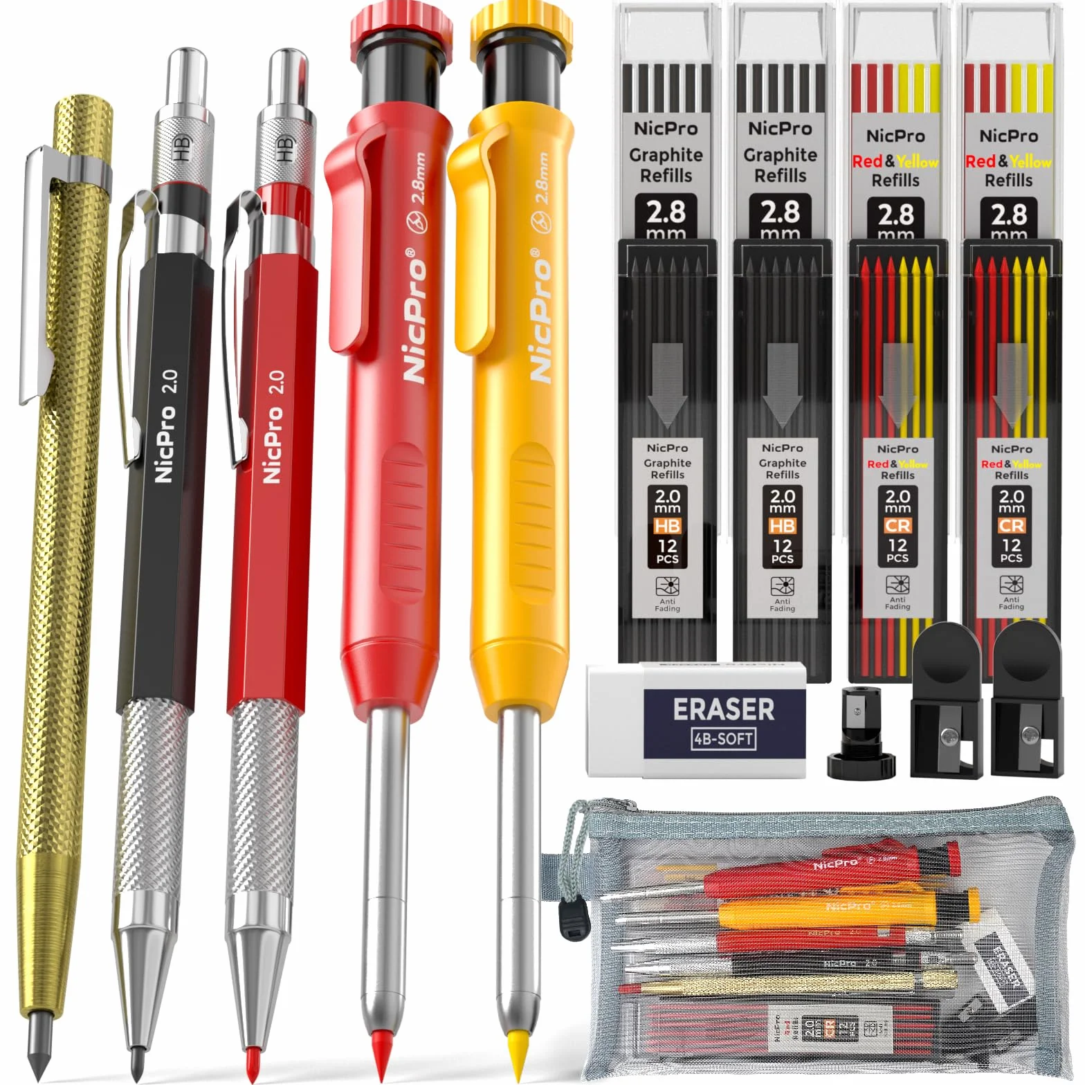 Nicpro Set di matite meccaniche da carpentiere 76 ricariche 5 pezzi colorati lavorazione legno fori profondi temperamatite gomme