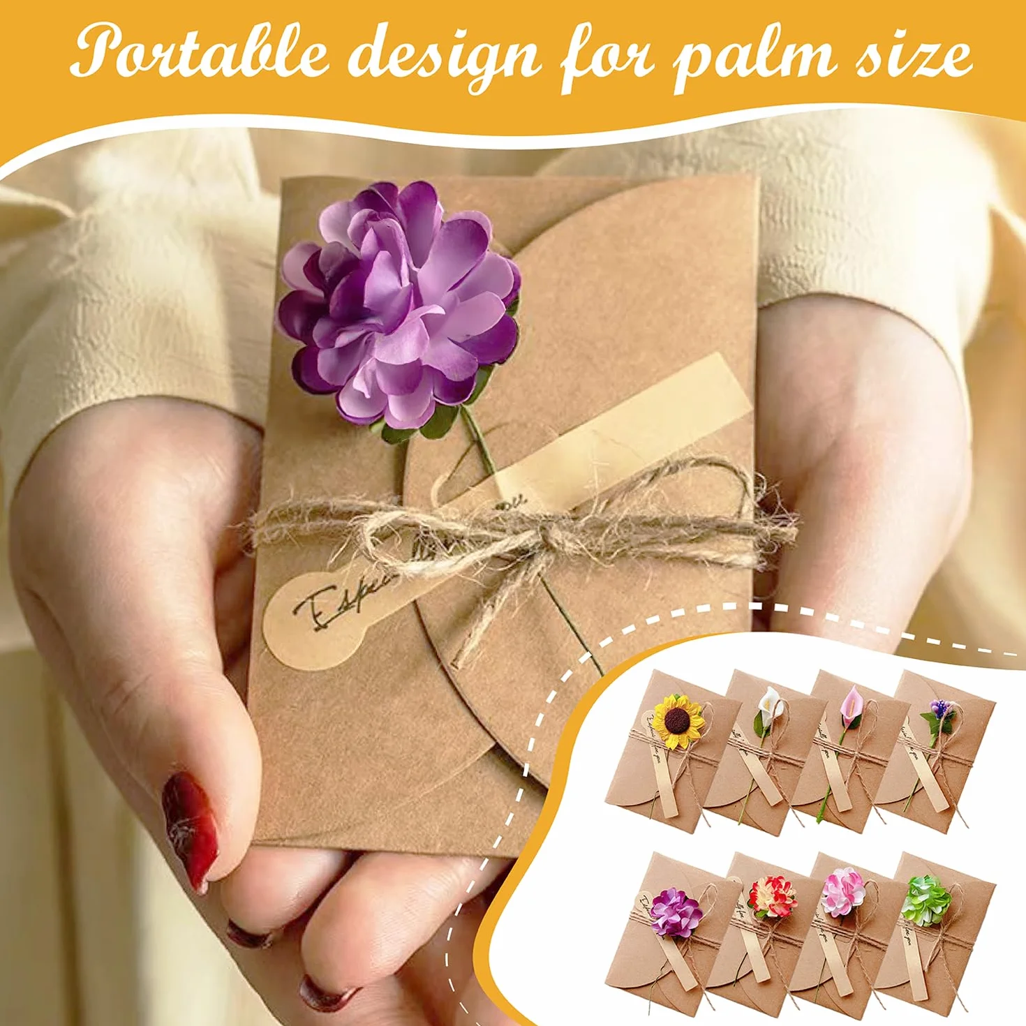 Kraft Papier Retro Grußkarten mit Umschlägen, 8 Stück, Trockenblumen, für Hochzeit Geburtstag Weihnachten