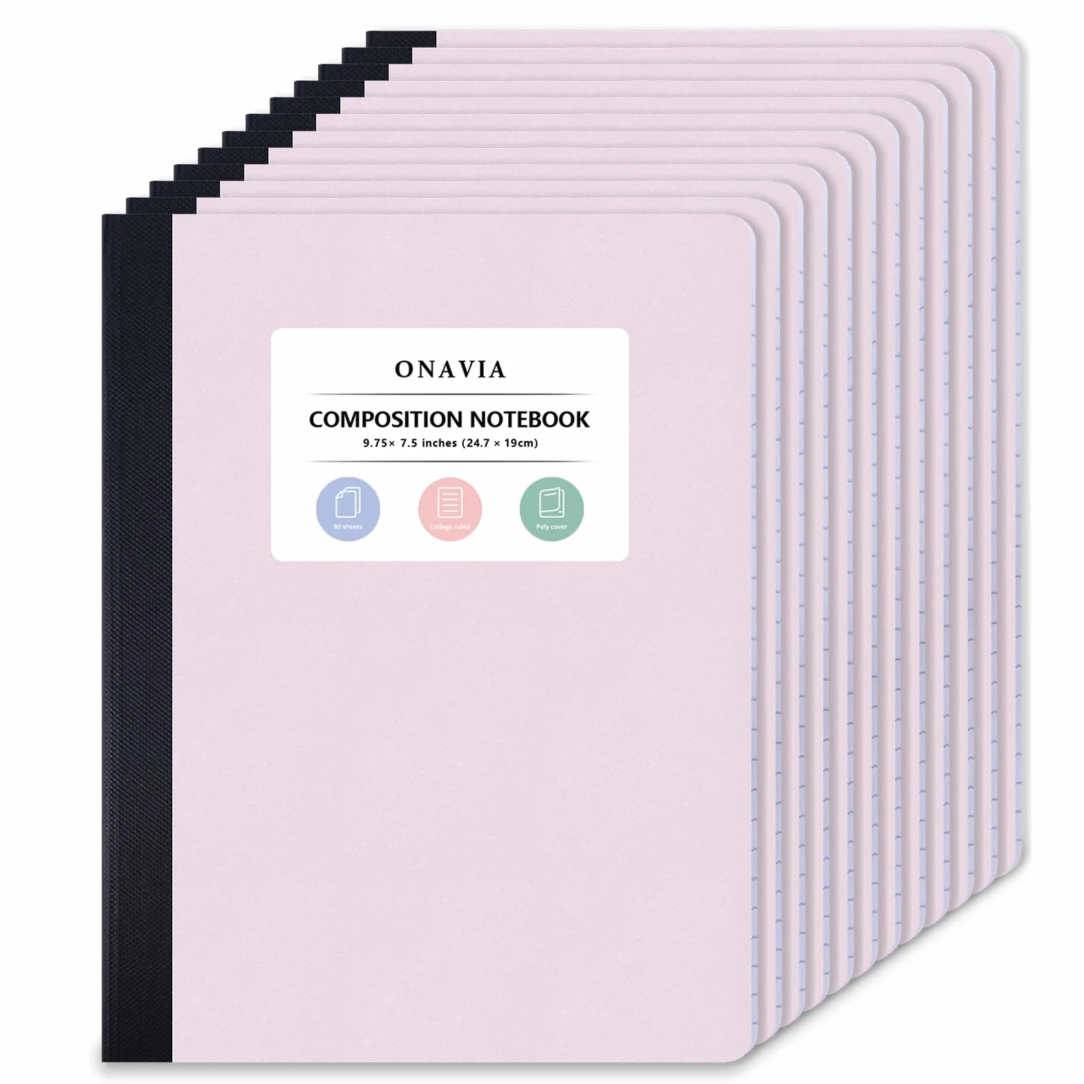 ONAVIA Confezione da 12 quaderni per la scuola, a righe da college, 24,5 x 19,8 cm, 80 fogli ciascuno, rilegatura cucita, quaderni scolastici sfusi, rosa