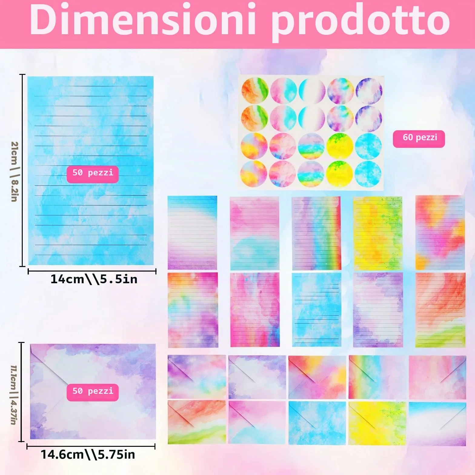 Carta da Lettere con Busta Set 160 Pz, Buste Colorate per Lettere Acquerellabili, Include 60 Adesivi