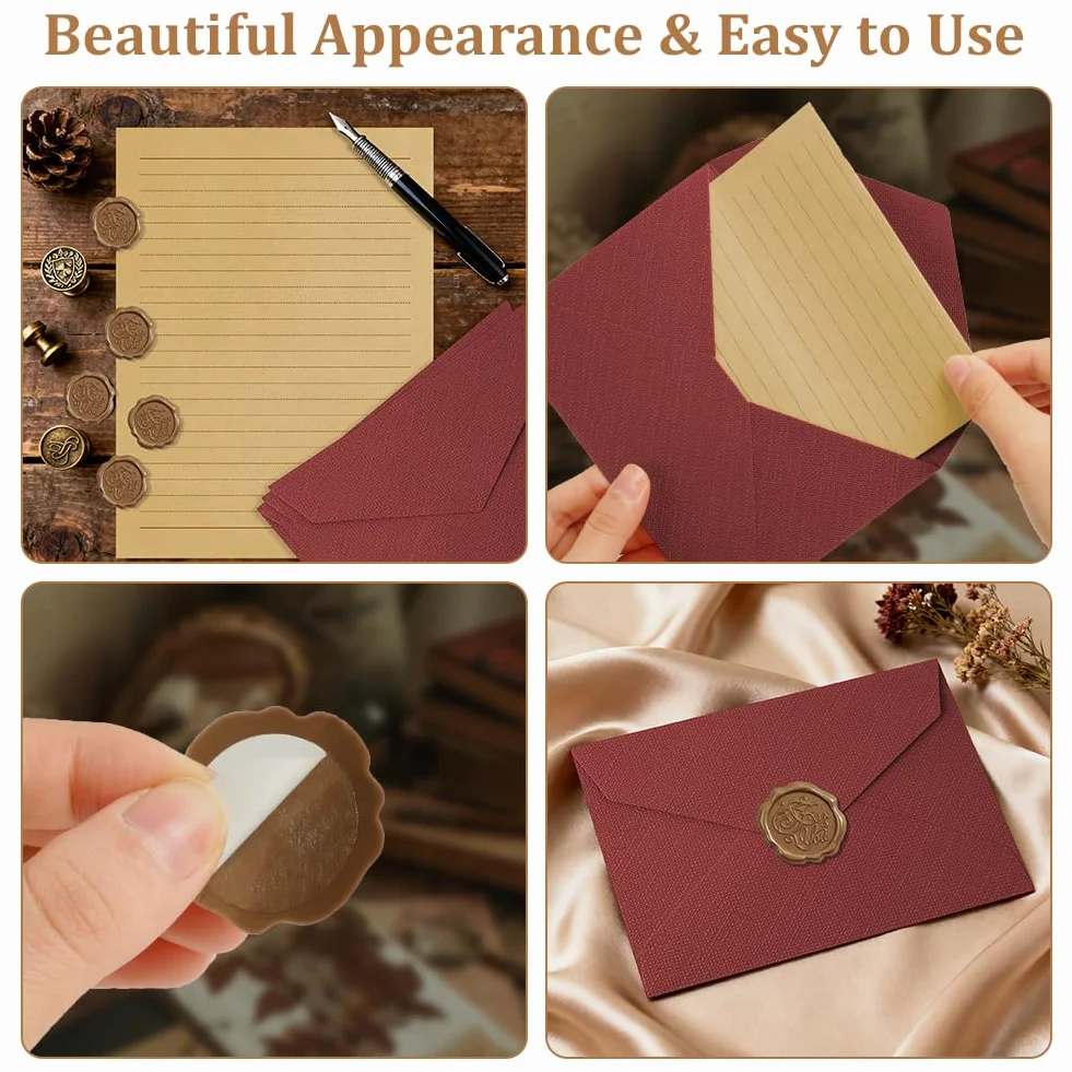 Kit per Scrivere Lettere Antiche 22 Pezzi, Buste Vintage, Carta da Lettere, Sigilli di Cera, Rosso + Bianco