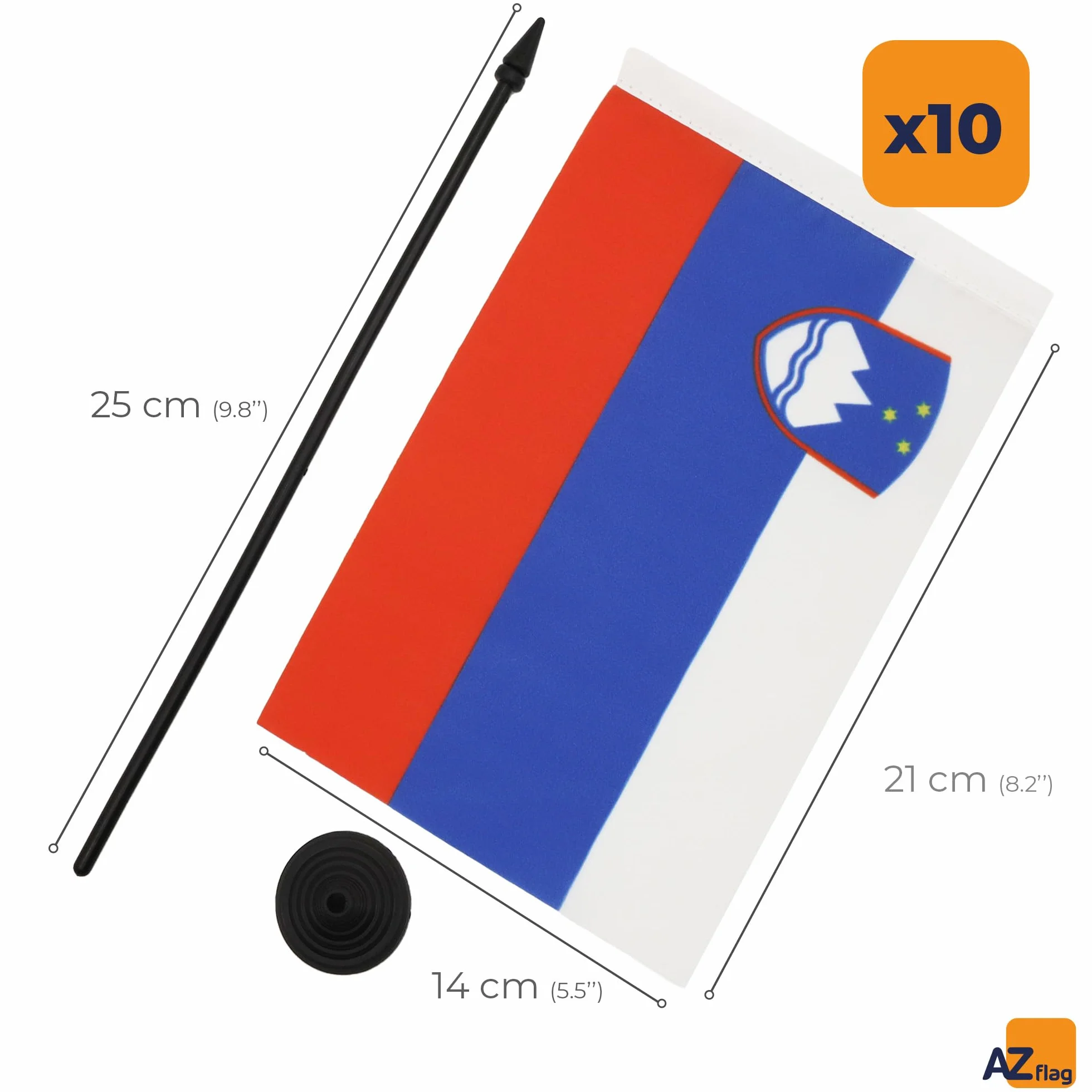 AZ FLAG - Set di 10 bandiere da tavolo Slovenia, 21 x 14 cm, 10 piccole bandiere slovene da ufficio, 100% poliestere, con asta da 25 cm, base in plastica nera