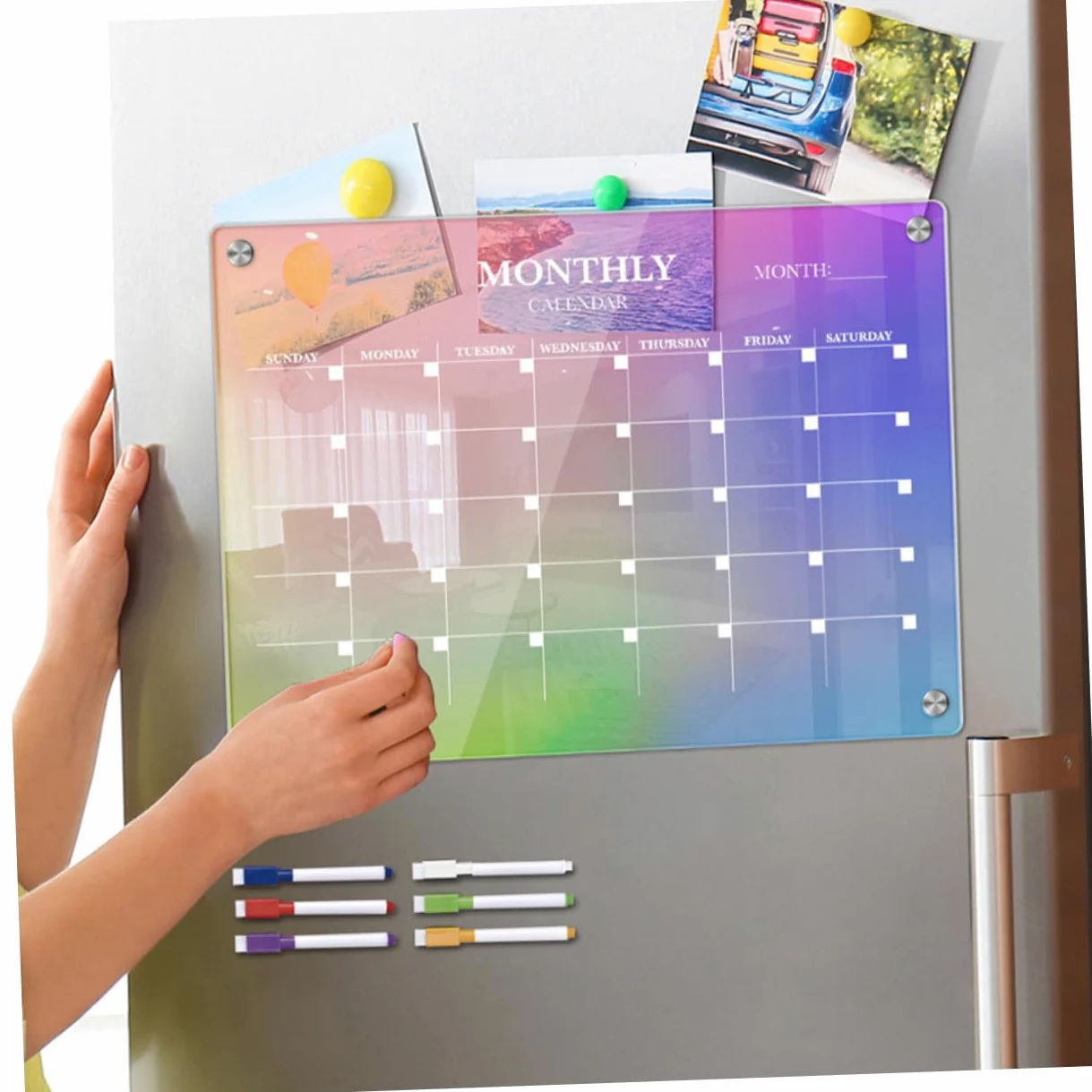 Planner Mensile Magnetico in Acrilico Cancellabile 7 Pezzi | Trasparente DIY Set Penna, Superficie per Annotazioni Quotidiane, Non Lascia Residui