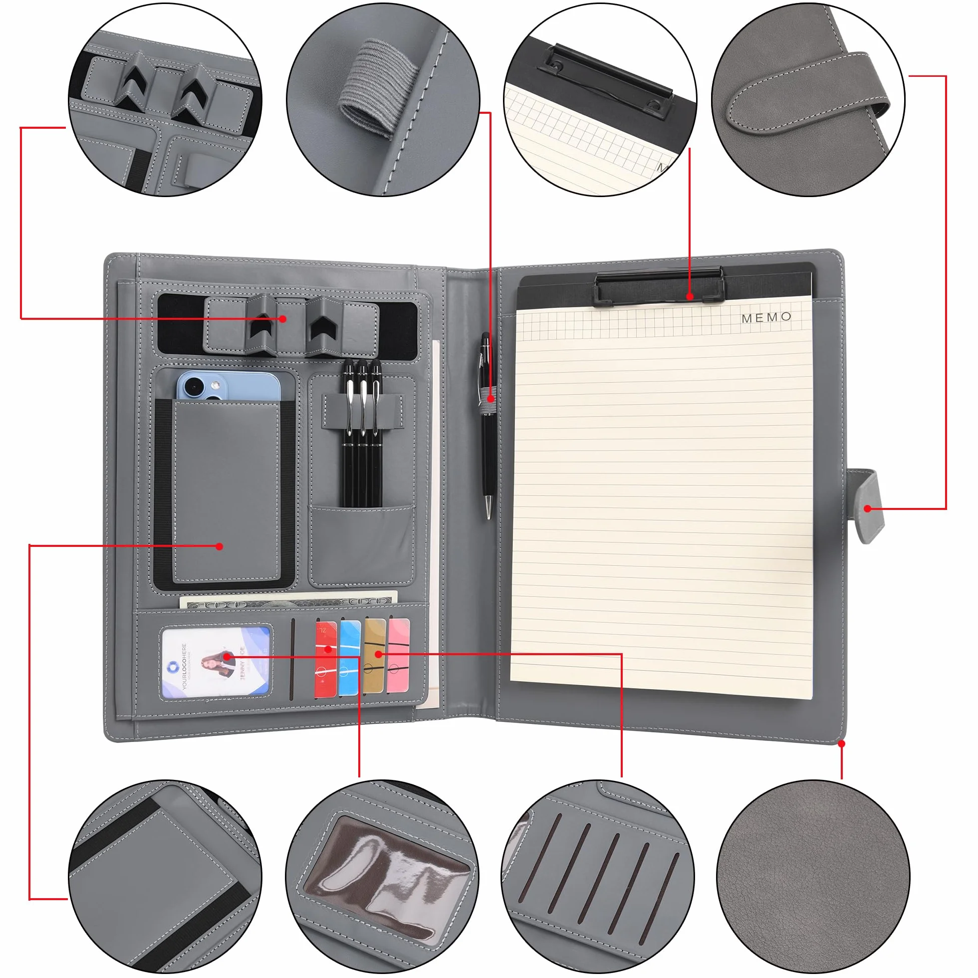 Wason Portadocumenti PU A4 Cartella Tasche Padfolio Custodia con Portablocco Rimovibile Grigio
