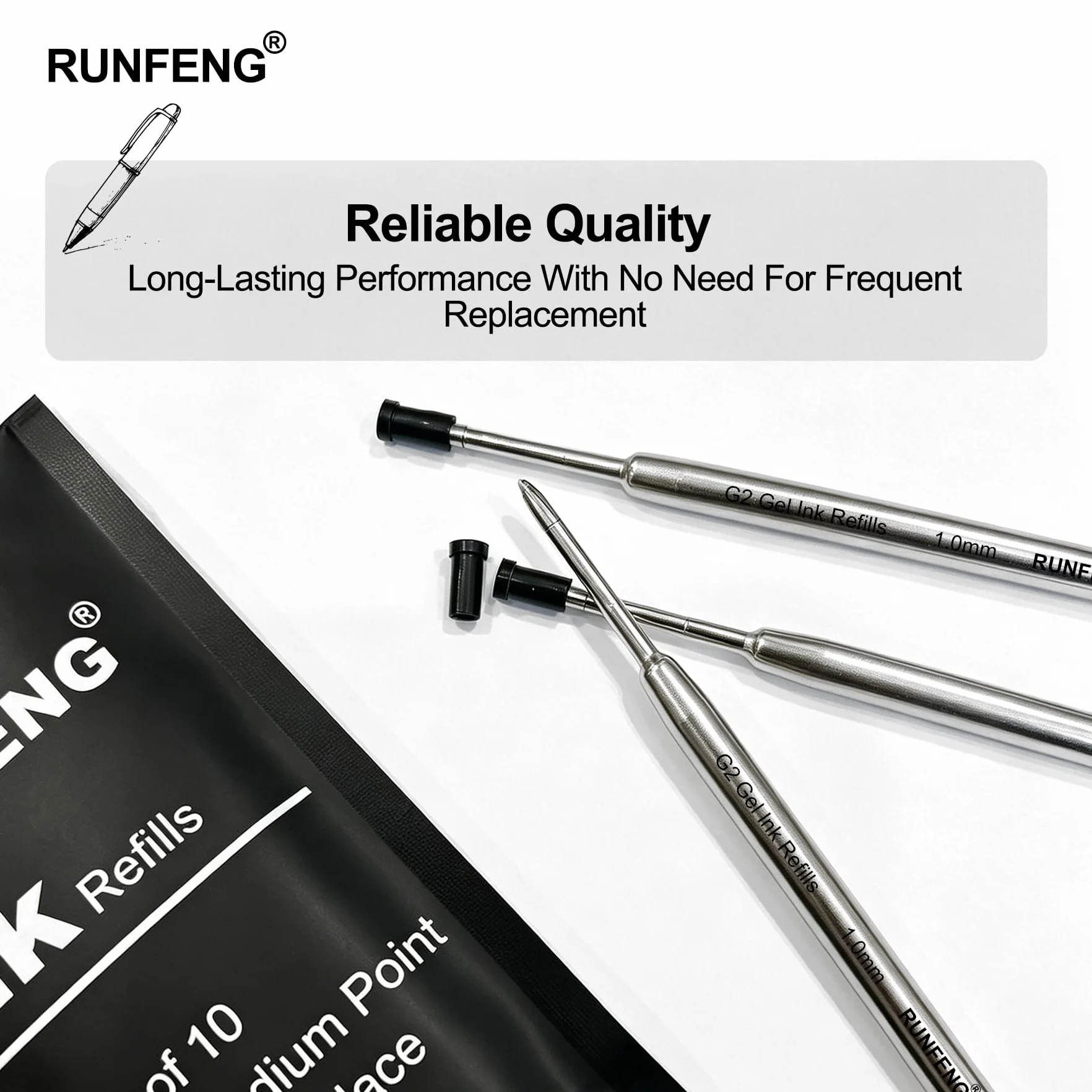 Ricariche Inchiostro per Penne a Sfera 1mm G2, Set di 10 Pezzi Refill, Ricarica Sostituibile (Nero)