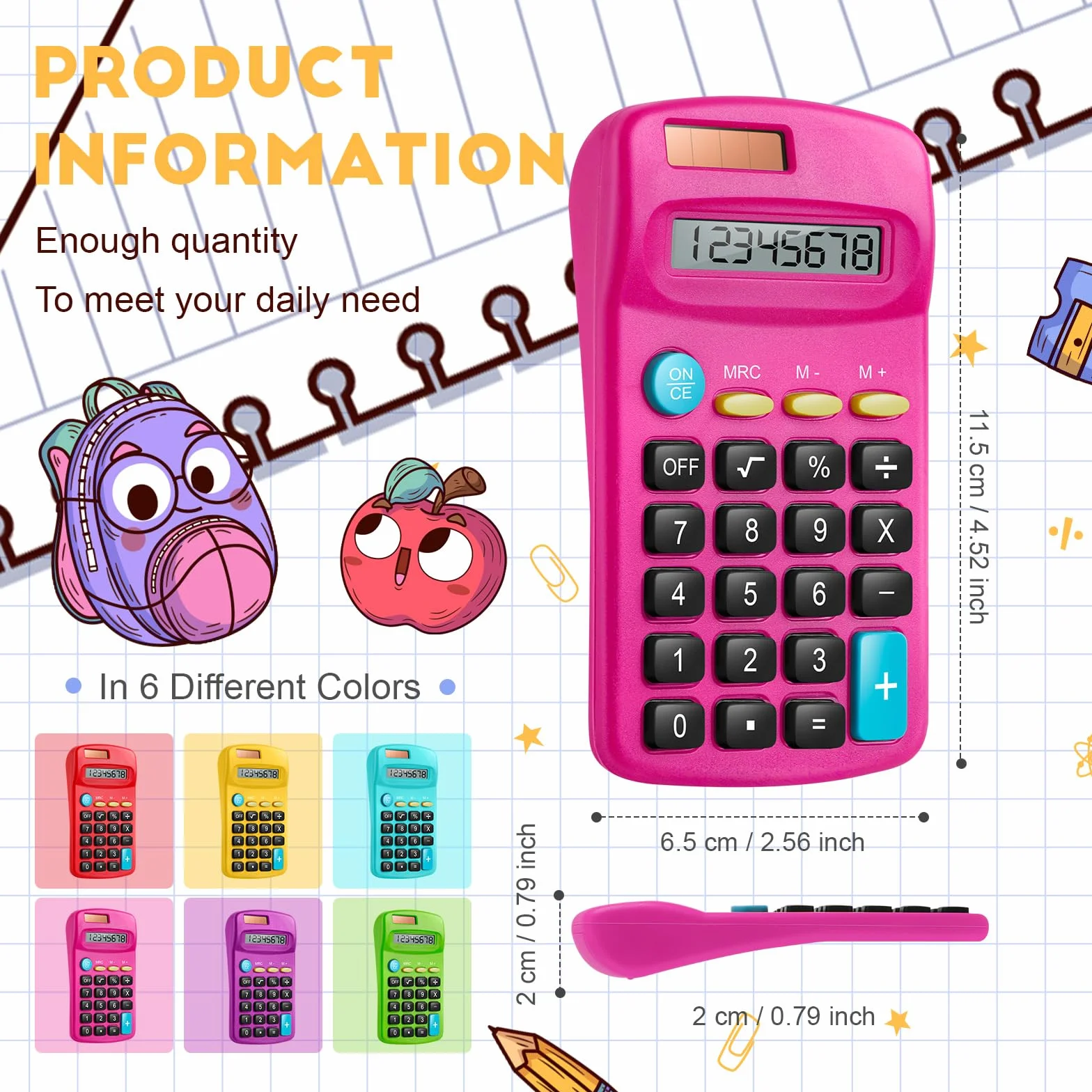 Confezione da 24 mini calcolatrici tascabili per studenti ad angolo portatile, display a 8 cifre, batteria solare, doppia alimentazione, piccola calcolatrice per studenti, bambini, casa, ufficio (6
