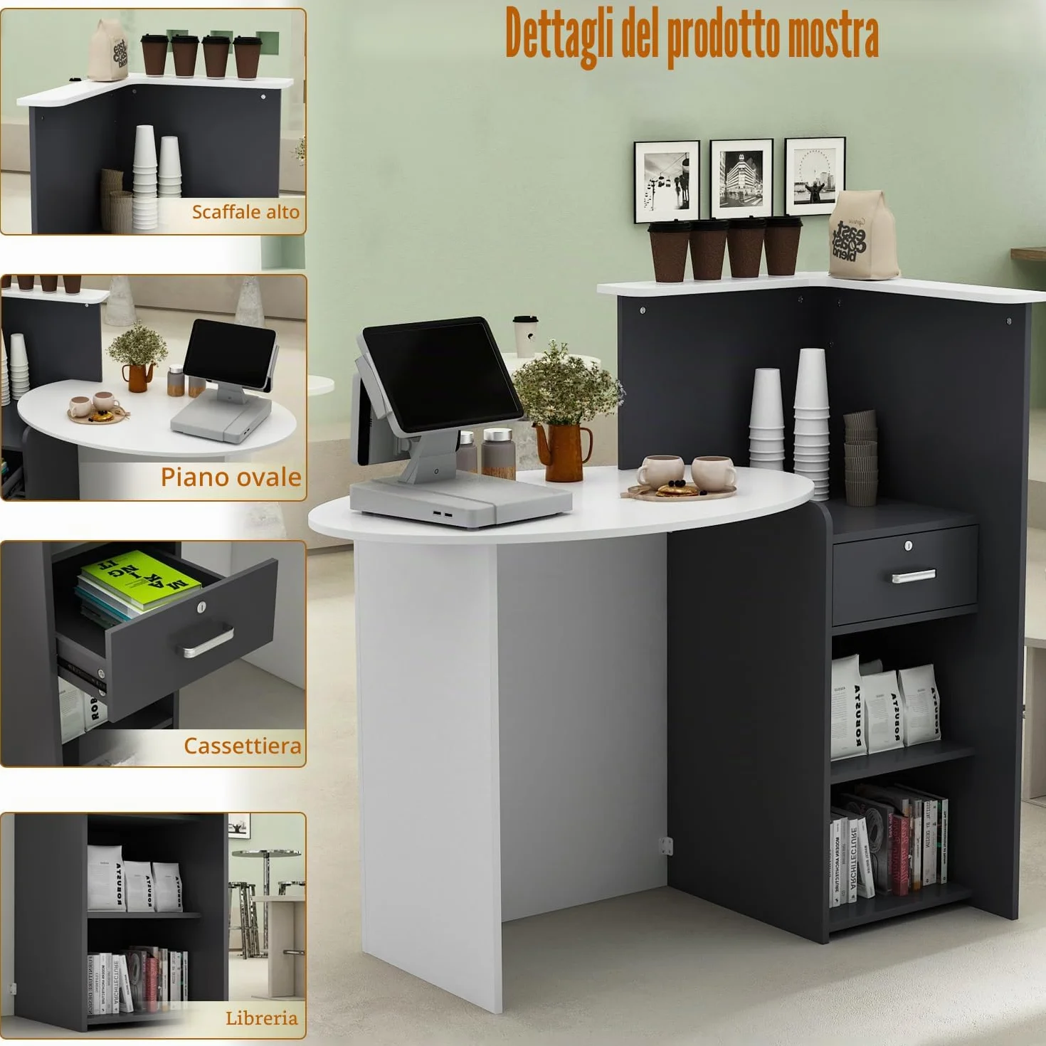 Banco reception Cassettiera con ripiano e cassetto, bancone patchwork nero-grigio, MDF, 40 x 121 x 110 cm