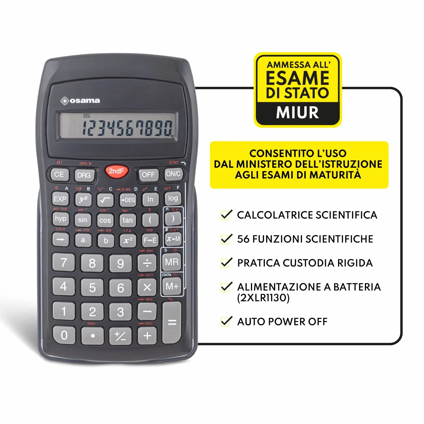 OSAMA Calcolatrice Scientifica 56 Funzioni 10+2 Cifre Custodia Rigida Nero 9,6x2x16,3cm