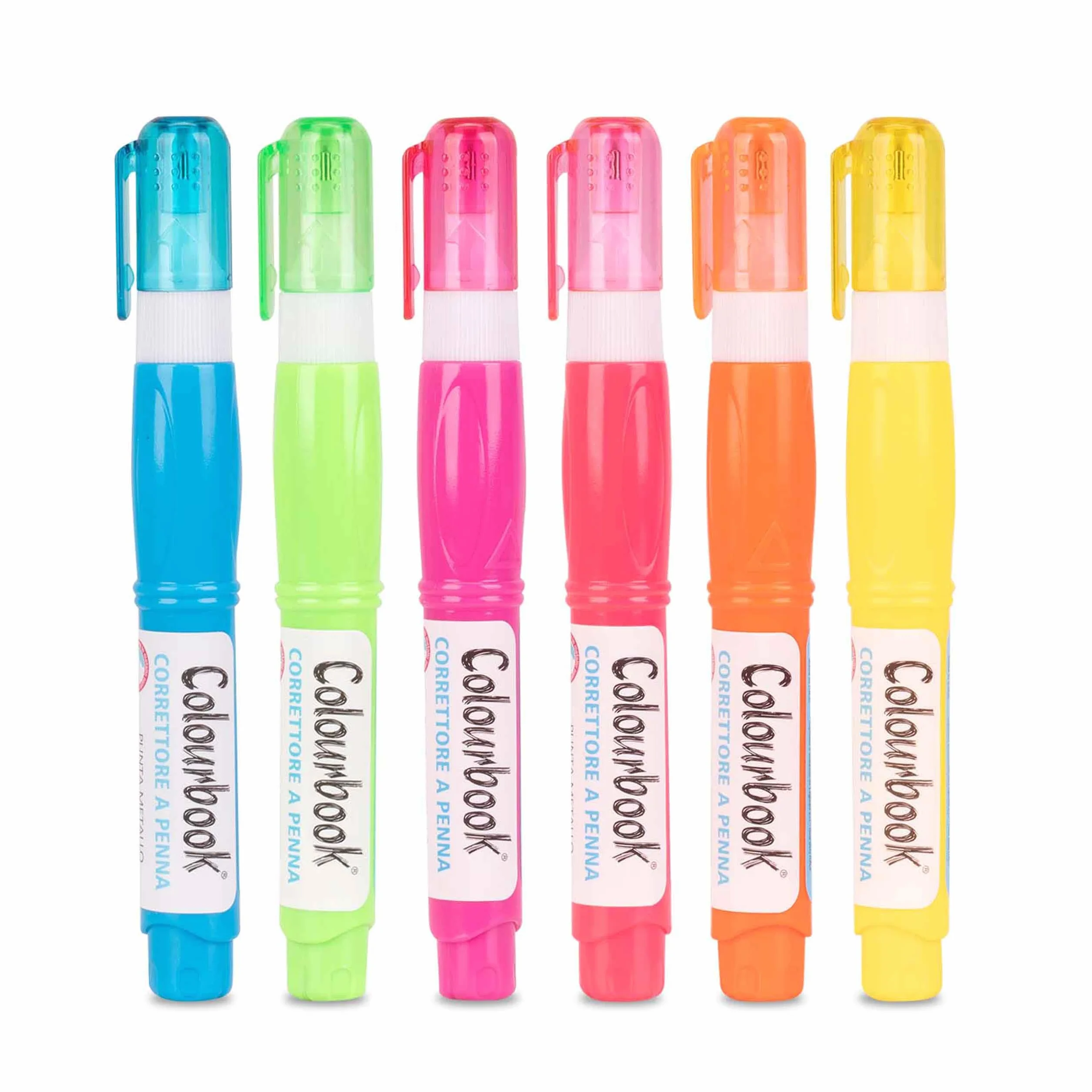 Colourbook Set 6 Correttori a Penna 7 ml Multicolore Bianchetto Liquido Bianco Punta Fine 2 mm