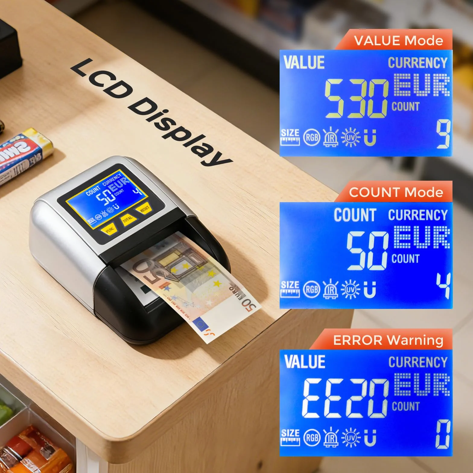 Bonvoisin Verificatore di Banconote, Rilevatore Falsi con UV/IR/MG, Portatile Testare con Funzione Valore Totale, Batteria Ricaricabile, 4 Orientamenti, Compatibile EUR/USD/GBP Ecc., Schermo LCD (A)
