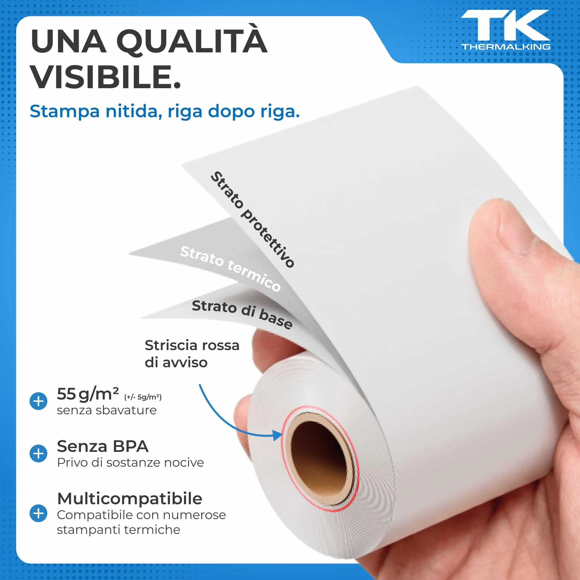 THERMALKING - Rotoli POS 57x35x12 di carta termica per ricevute Bancomat - Rotolini compatibili con dispositivi POS - Rotolo carta termica 57mm x 14m x 12mm - [50x]