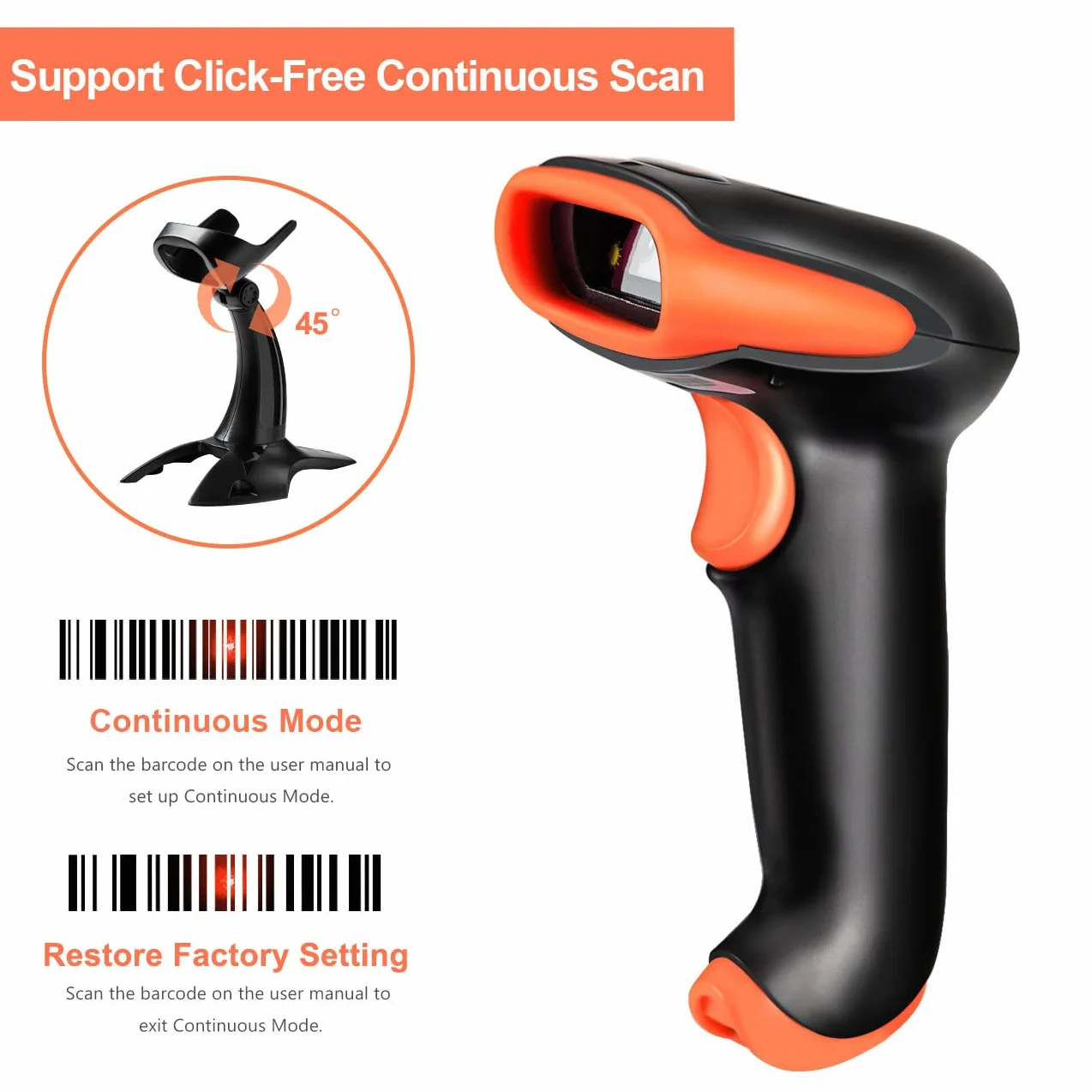 Scanner di codici a barre QR 2D wireless Tera con supporto, 3 in 1 compatibile con Bluetooth e lettore di codici a barre wireless a 2,4 GHz e USB cablato Lettore di codici a barre portatile HW0001
