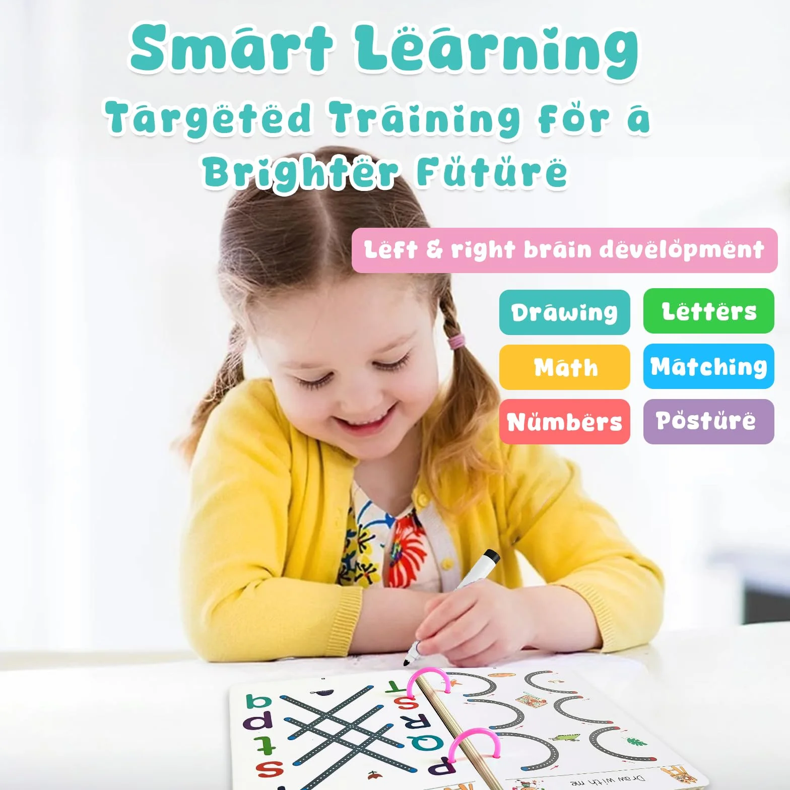 Scribble Smart Workbook Libro per Imparare a Scrivere Cancellabile Pregrafismo Riutilizzabile Prescolare Attività Bambini 3-6 Livello 1+4