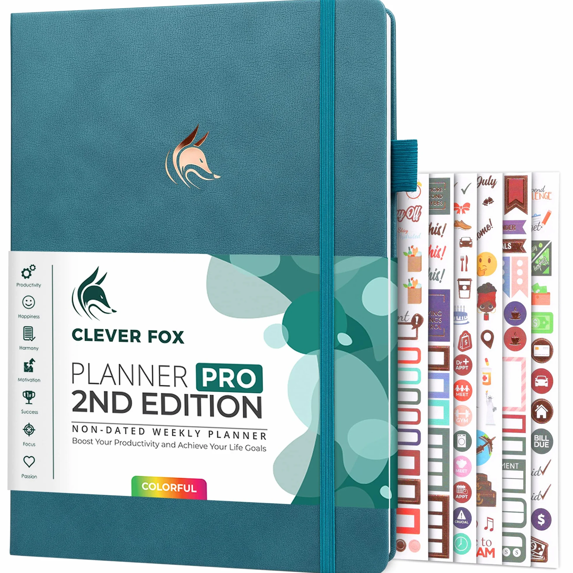 Clever Fox Planner PRO 2a edizione - Agenda settimanale non datata per attività e gestione del tempo - Organizzatore della vita con lista delle cose da fare, 21,5 x 28 cm (verde acqua scuro)