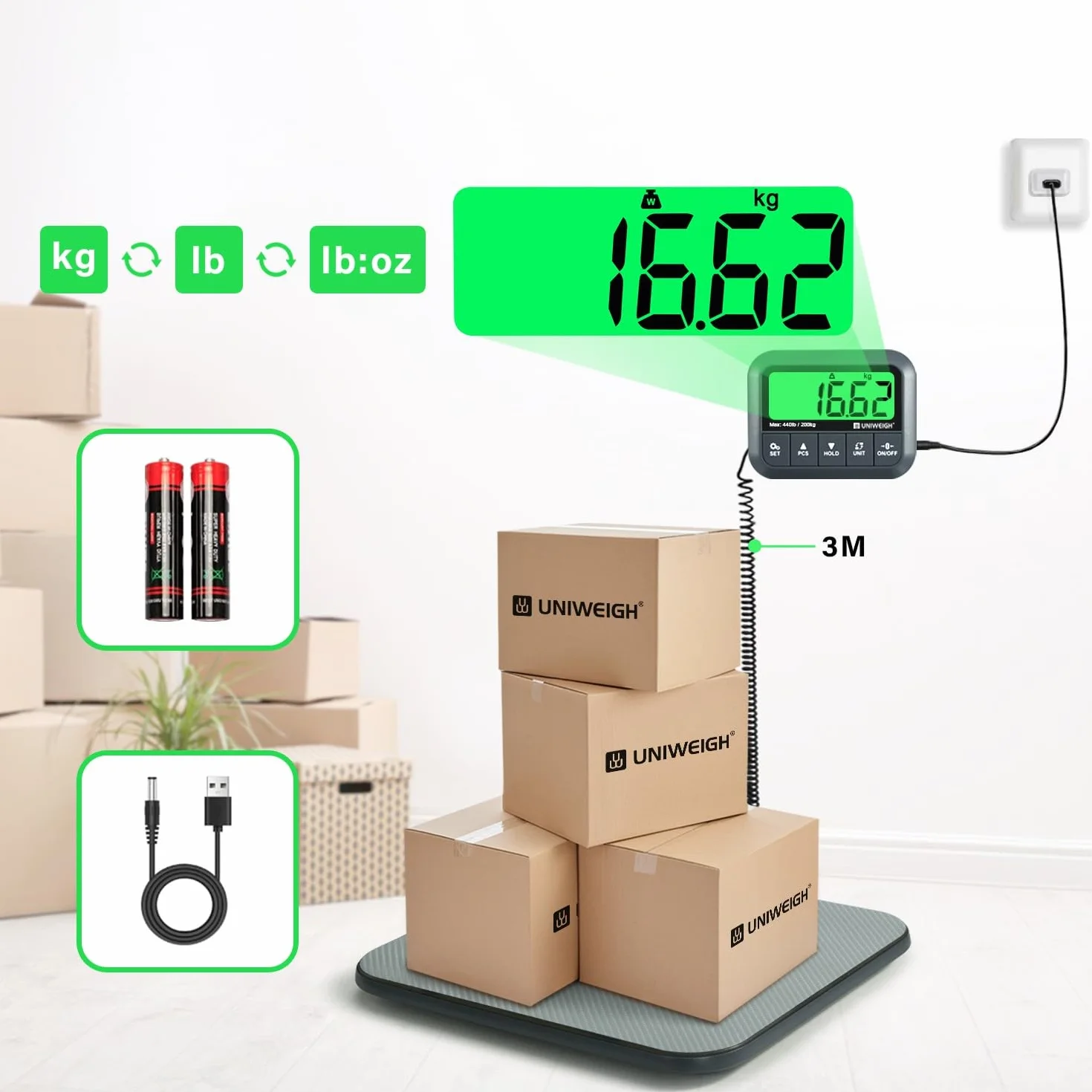UNIWEIGH Bilancia Postale Digitale 200kg 10g Alta Precisione con Funzione Hold Tara Conteggio