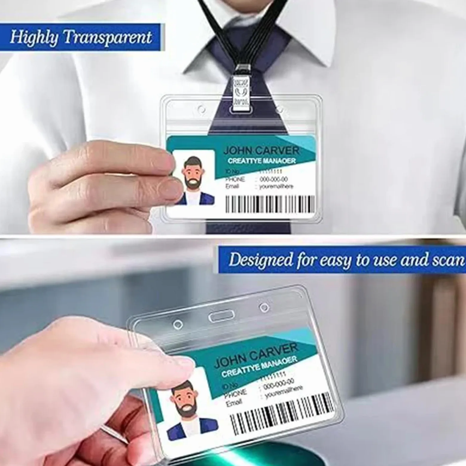 Porta badge, 50 pezzi, trasparente, con clip in metallo, per badge identificativi, badge, badge e carte di lavoro, impermeabile, per studenti, carte di credito