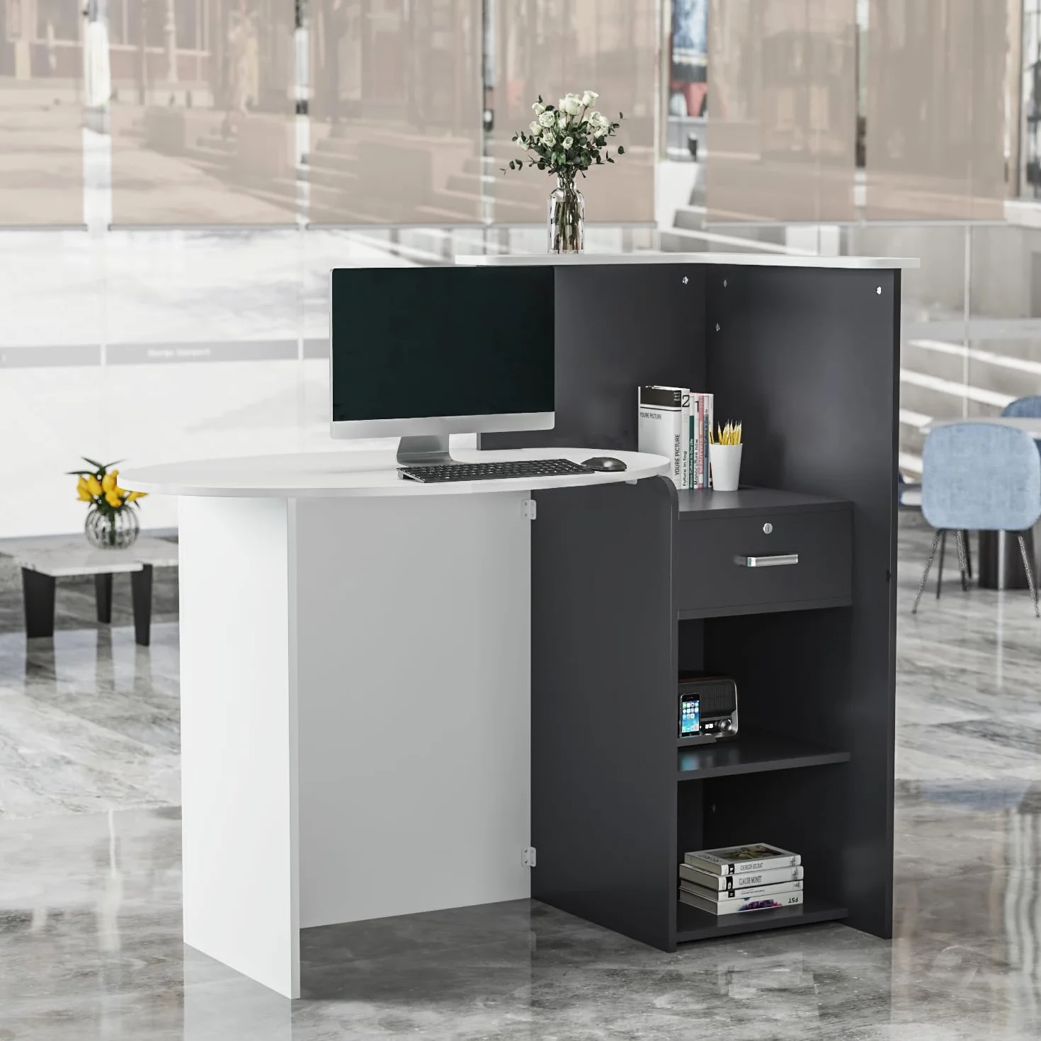 Bancone di reception, Bancone di accoglienza con superficie aperta e 1 cassetto bloccabile, controsoffitto con design Patchwork Nero e Grigio Scuro, MDF, 40 x 121 x 110 cm