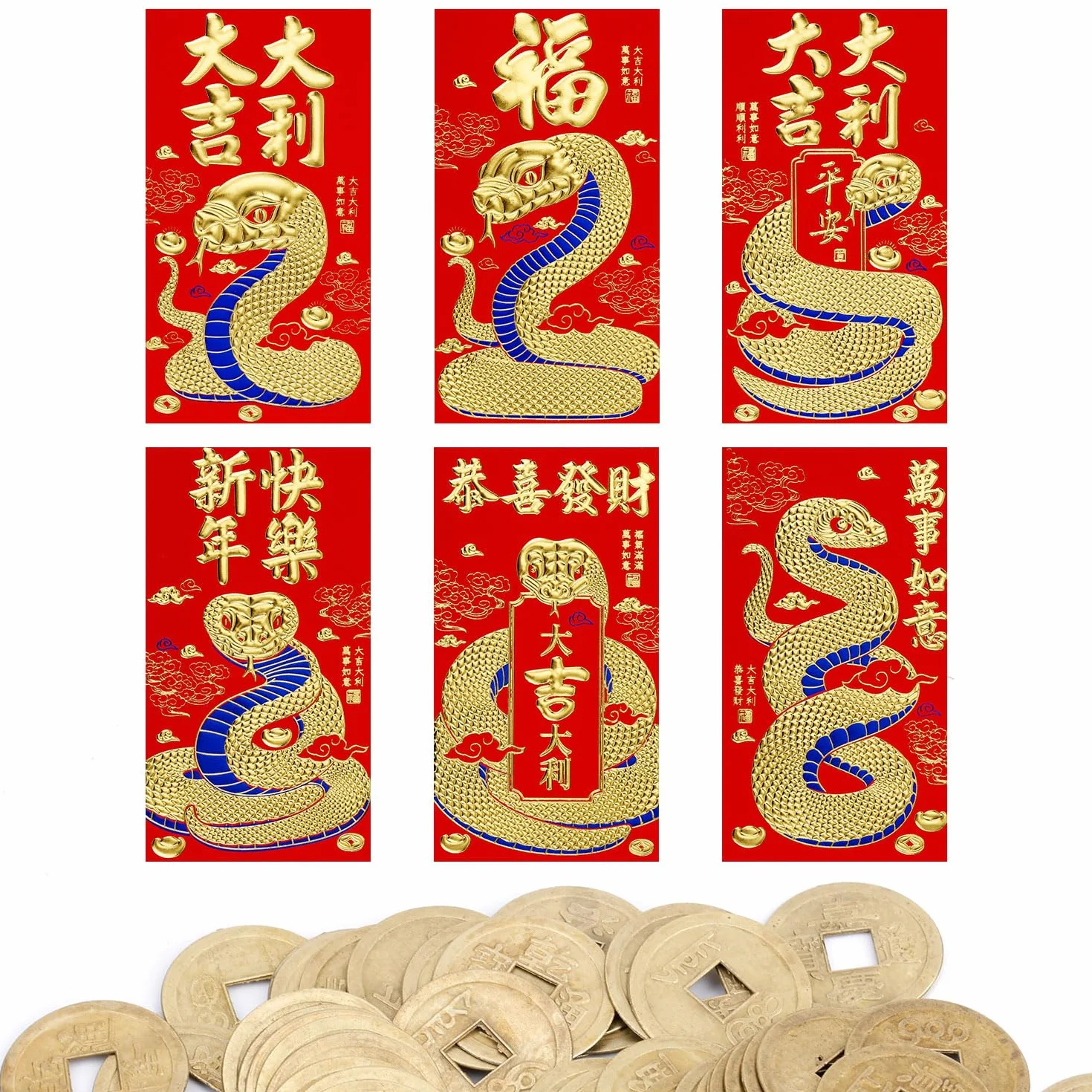 Buste Rosse per Capodanno Cinese 2025 con 50 Monete Feng Shui 16,8x9cm Hong Bao Serpente 6 Motivi Rilievo Dorati