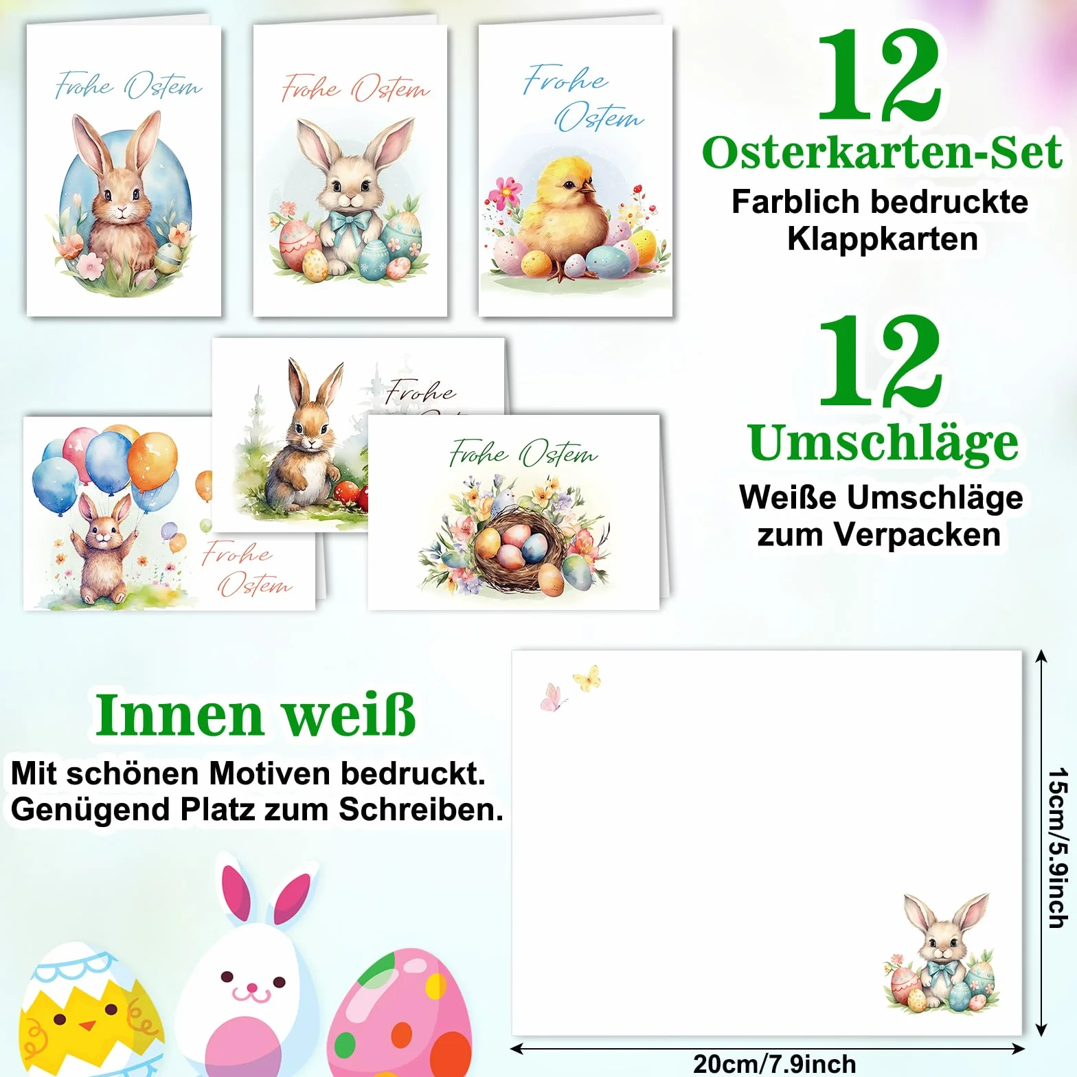 Zestaw 12 niemieckich kartek wielkanocnych z kopertami, otwieranych, z zajączkami i jajkami, Happy Easter