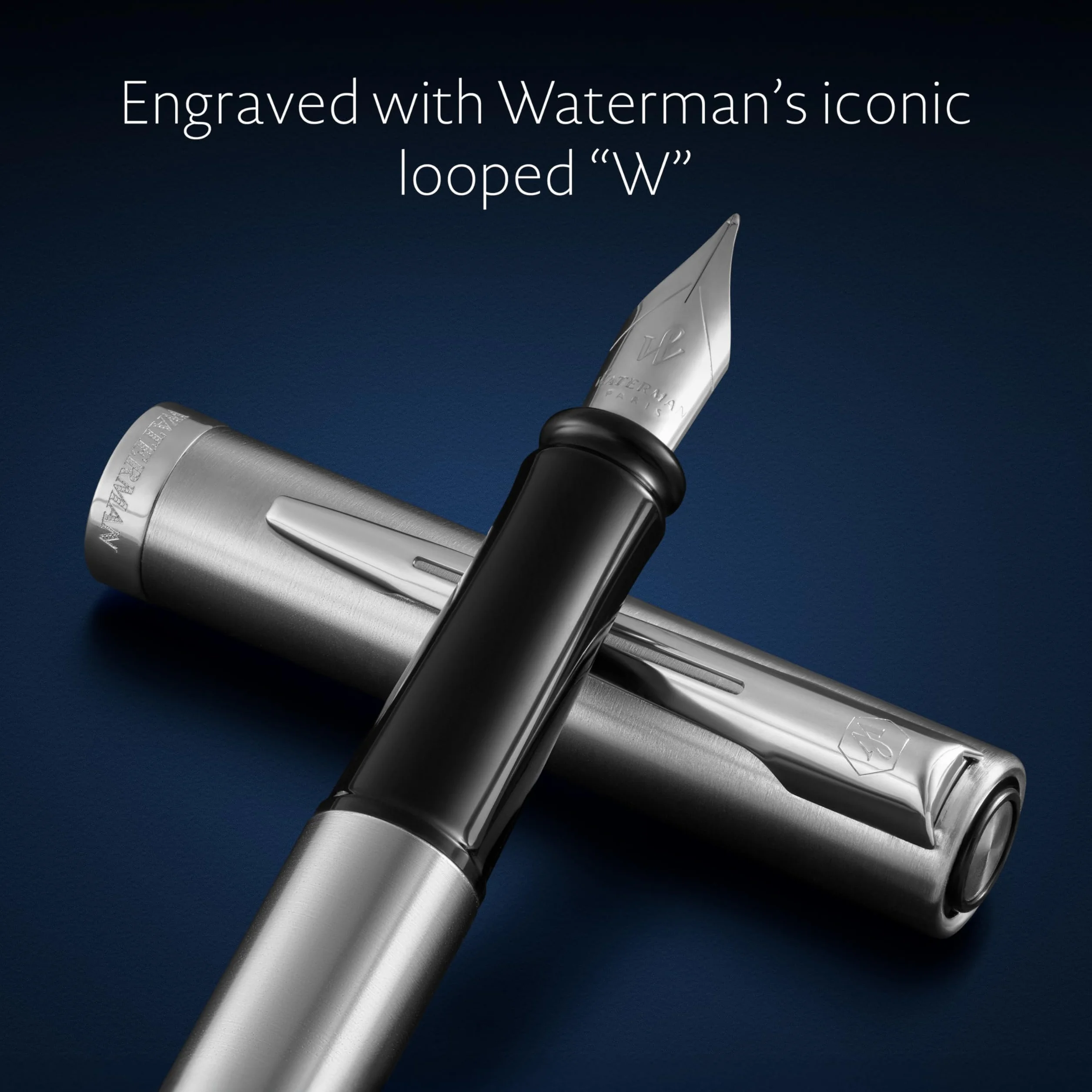 Waterman Impression Penna Stilografica | Pennino Fine con Ricarica di Inchiostro Blu | Acciaio Inossidabile con Rifiniture Placcate in Palladio | Confezione Regalo