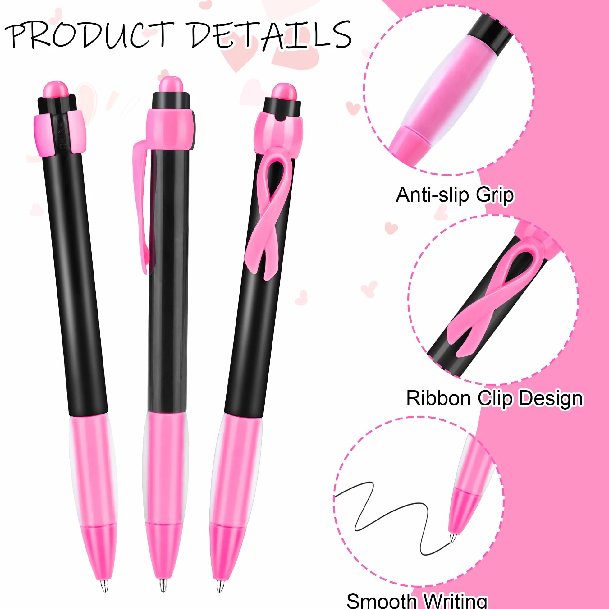 Aodaer 144 penne a sfera per sensibilizzazione contro il cancro al seno, con nastro rosa, penna gel retrattile con impugnatura morbida, inchiostro nero, penna rosa e nera, per sensibilizzazione sul