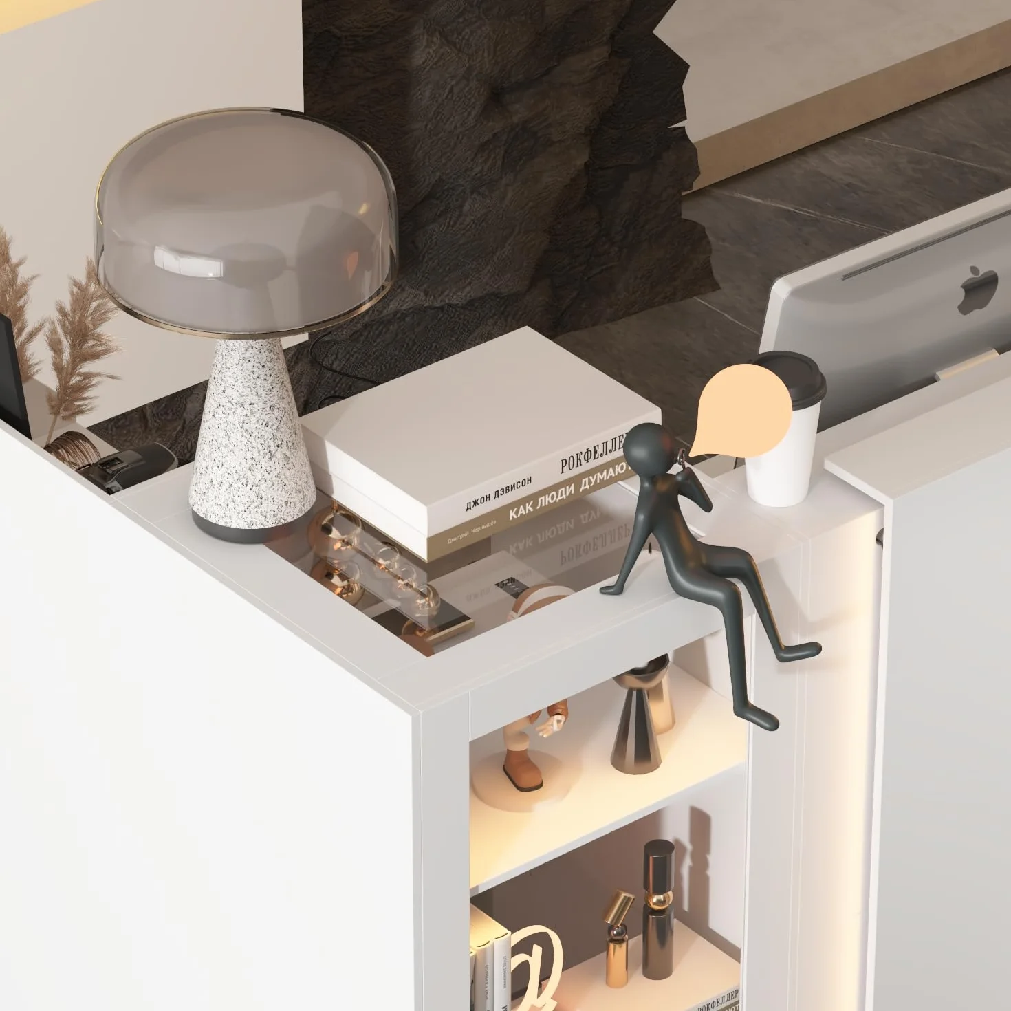 Tavolo di ricezione angolare con cassetto della tastiera, cassetta L con 3 luci colorate, bancone con vetrina in vetro, tavolo reception, bancone