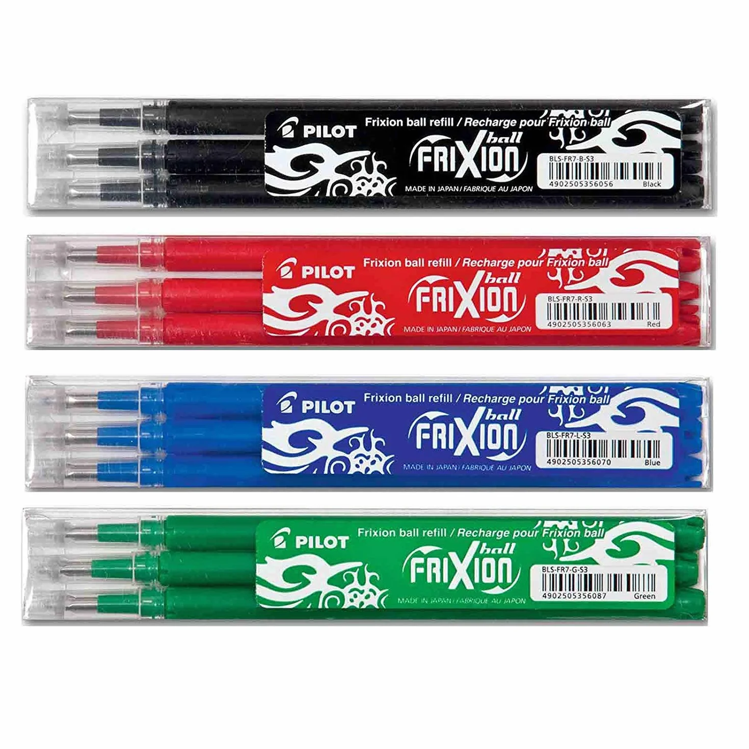 Pilot FriXion Ball Roller 0.7 Zestaw 12 kolorów standardowych 3 sztuki niebieski czarny czerwony zielony