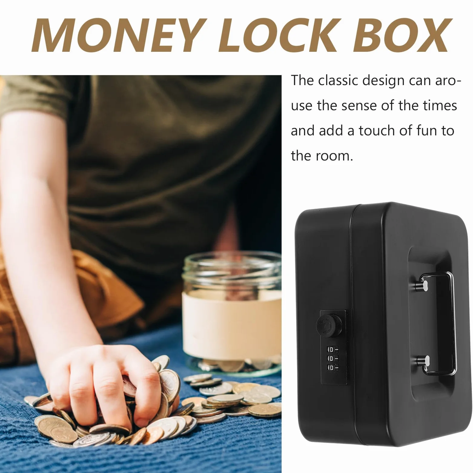 Uonlytech Cassetta di Sicurezza con Serratura e Codice 200, Piccola Scatola Organizer in Metallo Nero con Ampio Spazio Interno, Salvadanaio Portavalori per Casa e Ufficio, Contenitore Porta