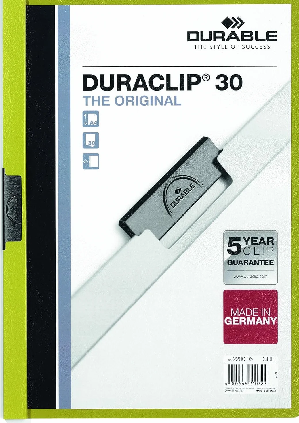 Durable 220005 Duraclip 30, Cartellina con Clip per Archiviare Documenti, Capacità 1 - 30 Fogli, Formato A4, Confezione da 25 Pezzi, Verde