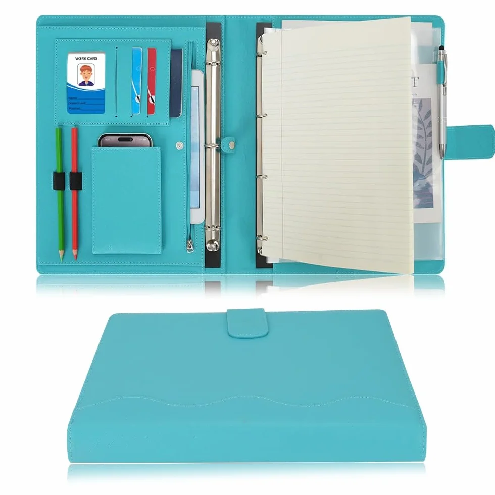 Wonderpool Portadocumenti A4 PU Pelle 4 Anelli Raccoglitore Rimovibile Tasca Funzionale Organizzatore Ufficio Viaggi Scuola Ciano