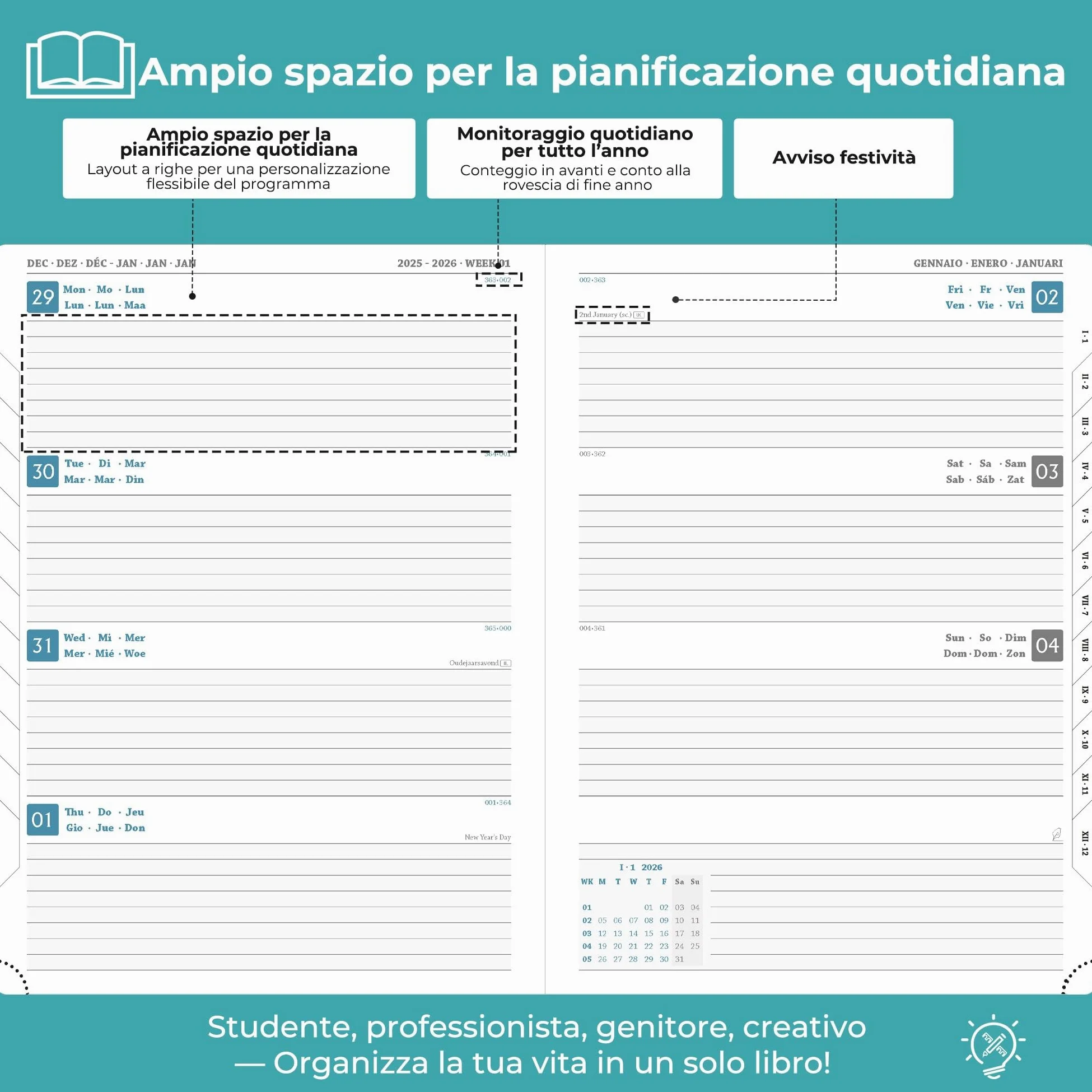 Agenda 2026 A4: Diario 29x21,7 cm, Pianificatore settimanale & giornaliero rilegato, 12 mesi Gen–Dic, carta 100 g/m², copertina pelle PU Azzurro