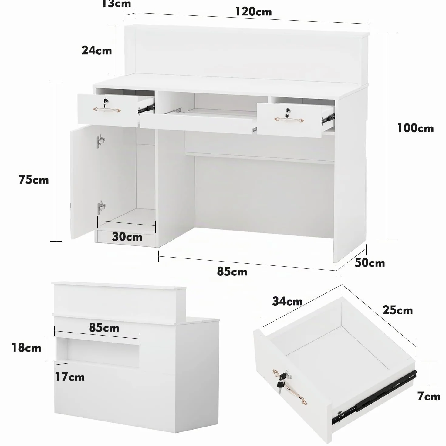 Banco reception con luce e cassetti, reception in bianco, cassette di ricevimento, bancone dell'ufficio, per sale aziendali, reception alberghiere, negozi di frutta 50 x 120 x 100 H cm