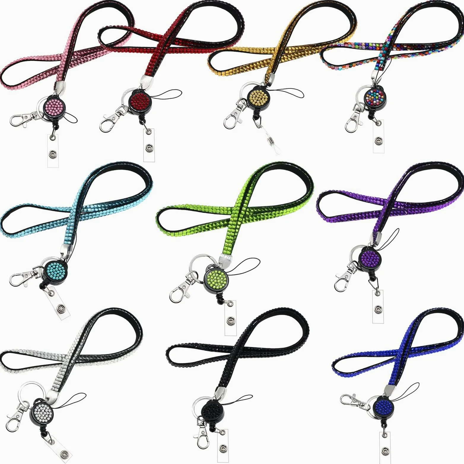 10 cordini per badge con strass, porta badge identificativo con bobina retrattile, cinghie da collo con chiusure di sicurezza e clip in metallo, cordini decorativi per carte di credito