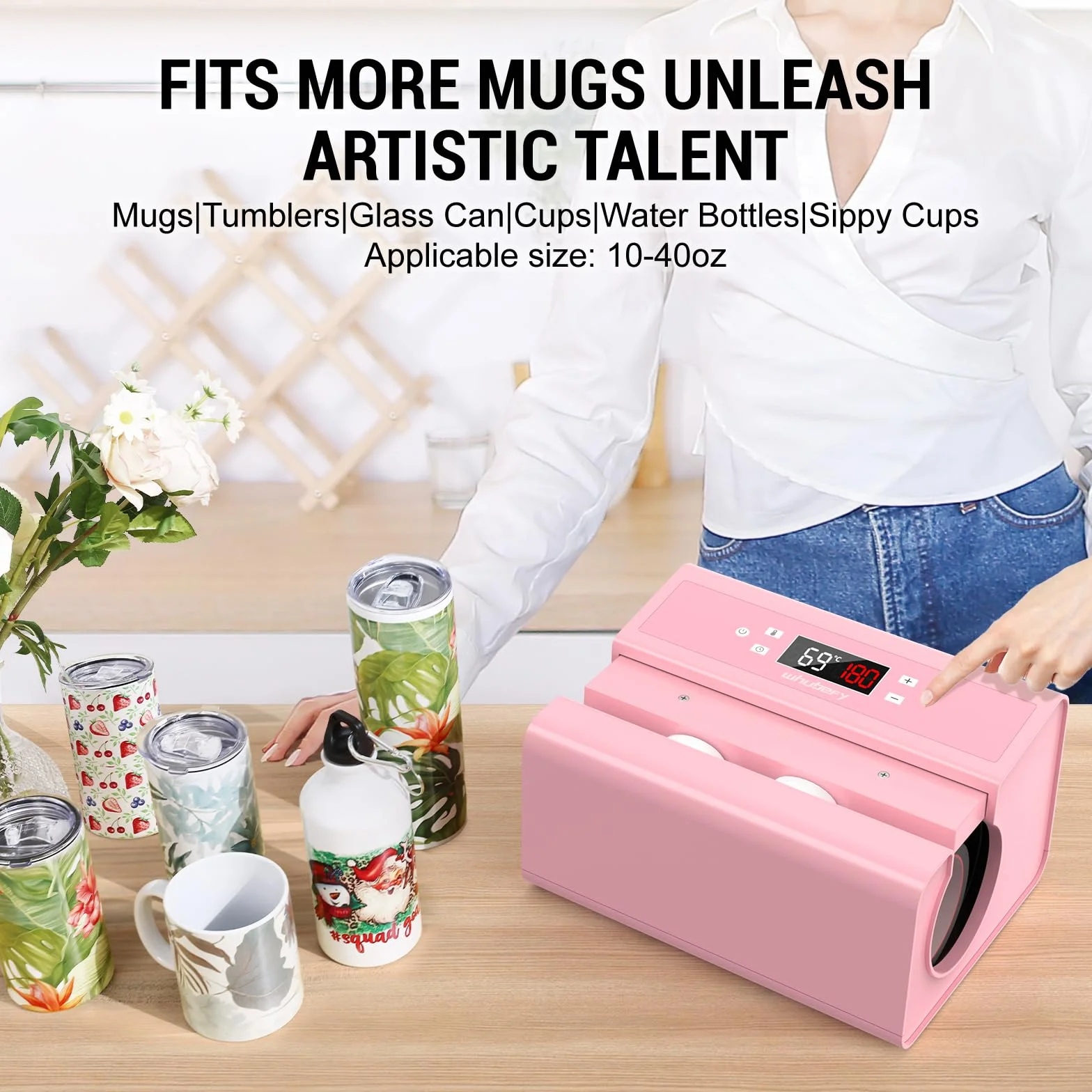 Pressa automatica per tazze, tazze, tazze, tazze da caffè, borracce e borse, controllo preciso dell'ora e della temperatura, regolazione della pressione premendo un pulsante (rosa)