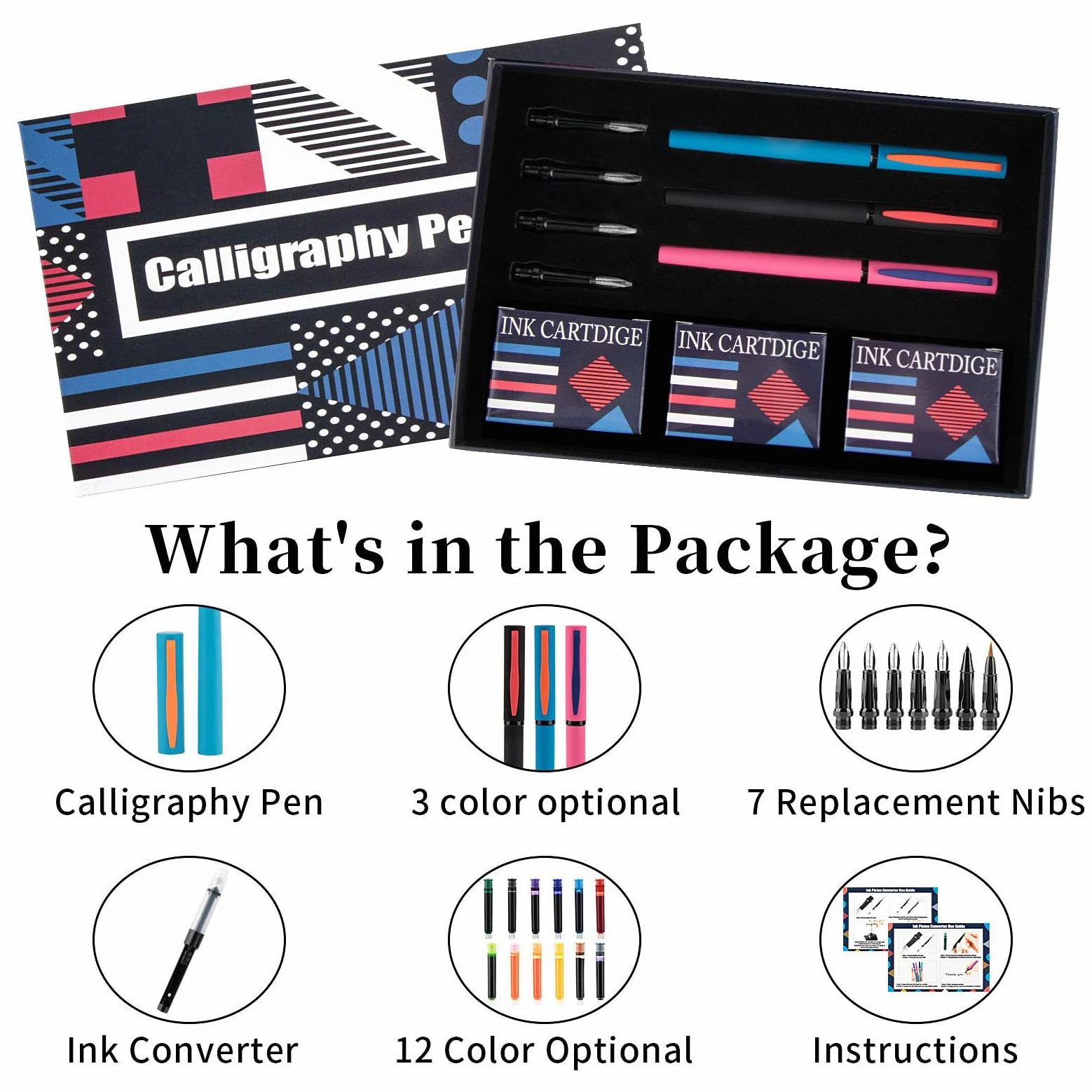 Set di penne per calligrafia, 7 pennini intercambiabili, 60 cartucce d'inchiostro (12 colori), penne stilografiche per principianti, scrittura, disegno, biglietti di auguri e firme per