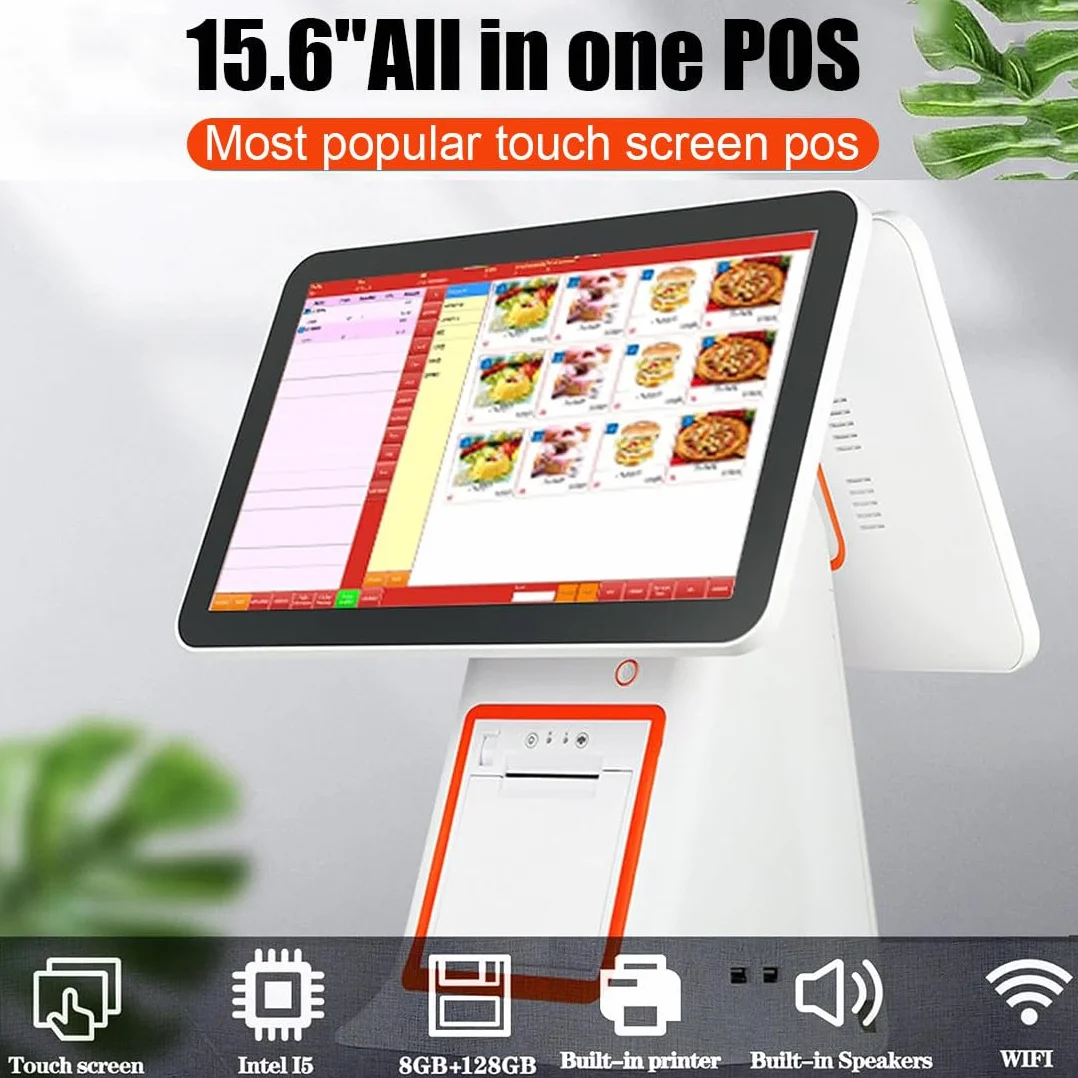 Sistemi Pos per Pc con Touch Screen da 15,6 Pollici, Sistemi Pos con Registratore di Cassa Touch Screen Intelligente Tutto in Uno, CPU-i5 8G + 128G per Ristoranti Aziendali Black