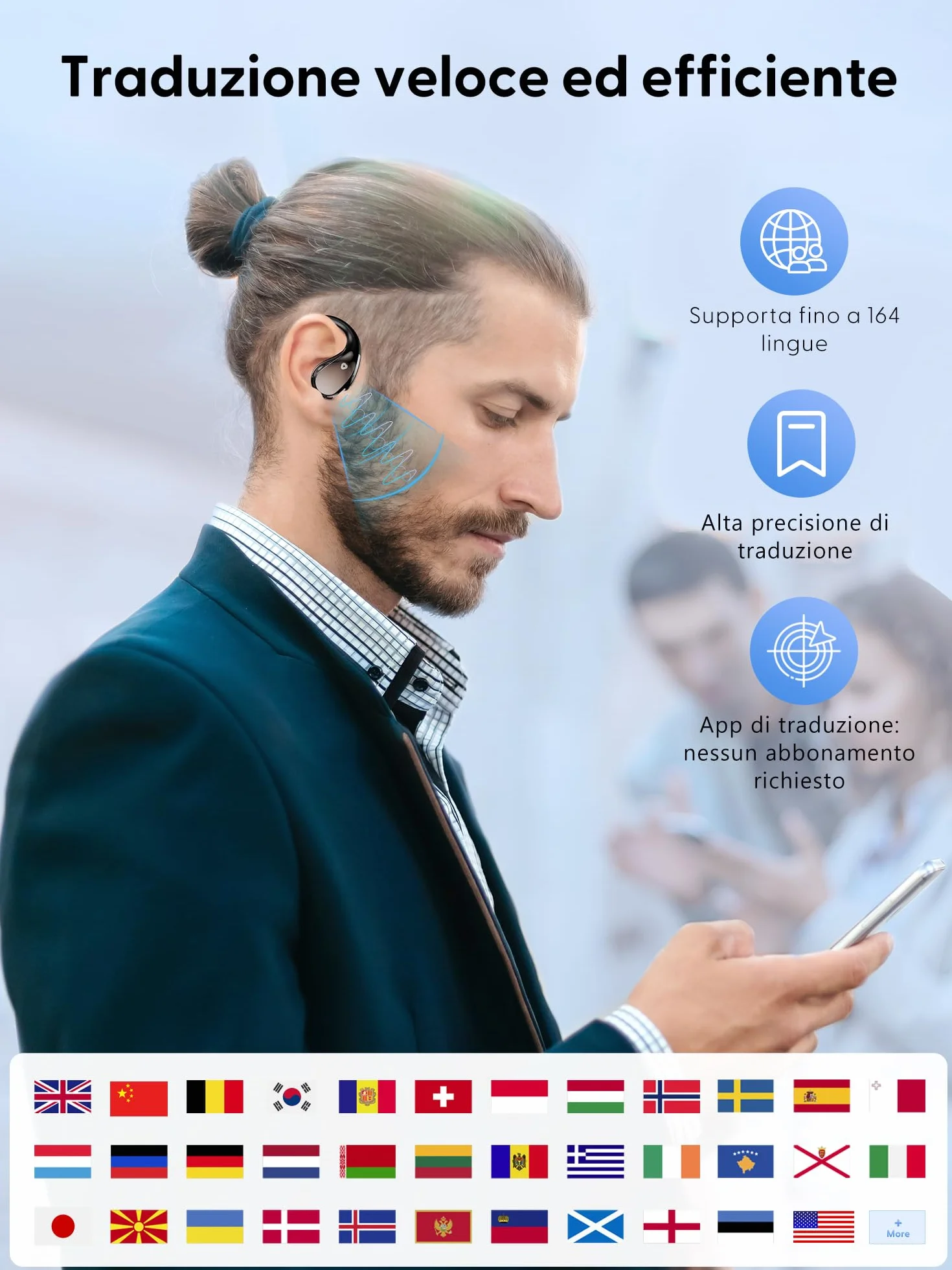 AI Cuffie Traduzione Simultanea Istantaneo: 164 Lingue Traduttore Simultaneo Vocale - Bluetooth 6.0 Auricolari Traduttori Istantanei - 4 in 1 Cuffie Traduttore Istantaneo per Viaggi Affari e Studio