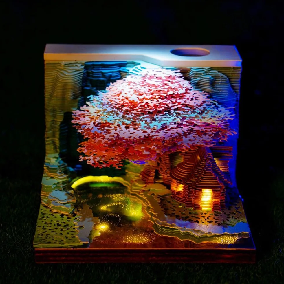 Calendario 3D 2026, Casa sull'albero con luce, creativo 3D Fantasy Casa sull'albero Memo Pad Calendario da scrivania, Casa sull'albero di fantasia, Scultura in carta per casa e ufficio, decorazioni da