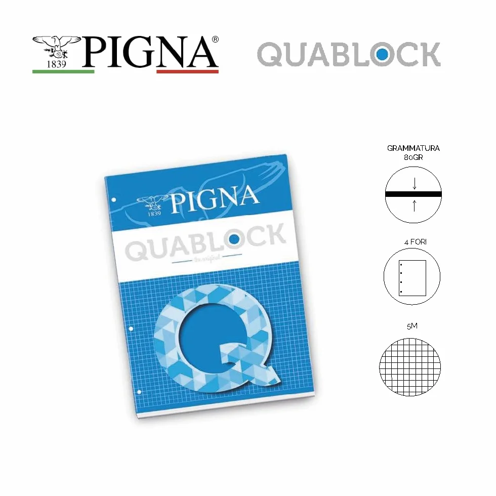 Pigna QUABLOCK A5 Blocco collato 80 gr 50 fogli 4 fori archivio quadretti 5 mm Confezione 5 pezzi