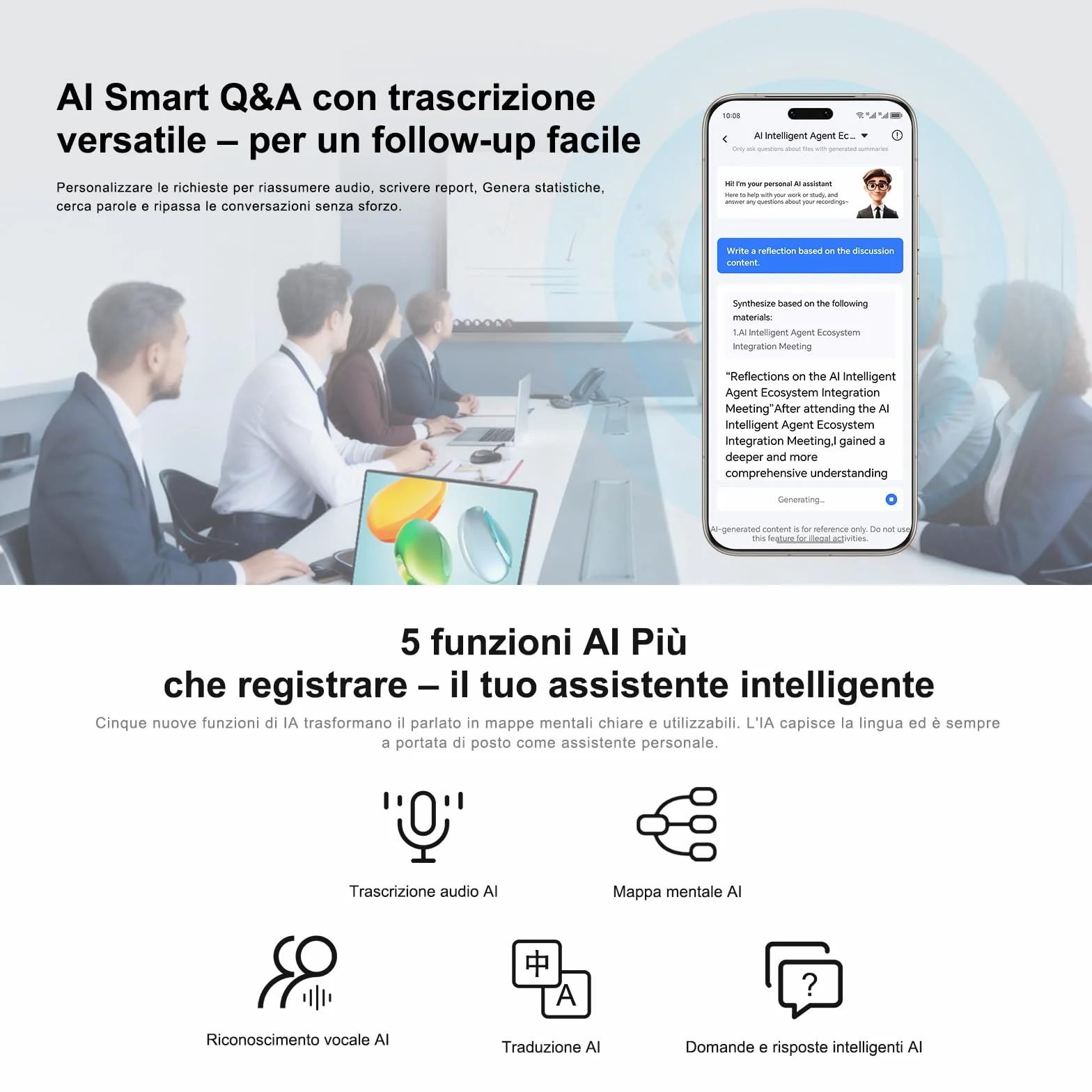 HONOR CHOICE AI Note Registratore Vocale, 600 Min/Mese di Trascrizione Gratuita, Dictafone Digitale con Riepiloghi IA e Mappe Mentali, 130+ Lingue, Sottile Scheda Magnetica, per Riunioni e Chiamate