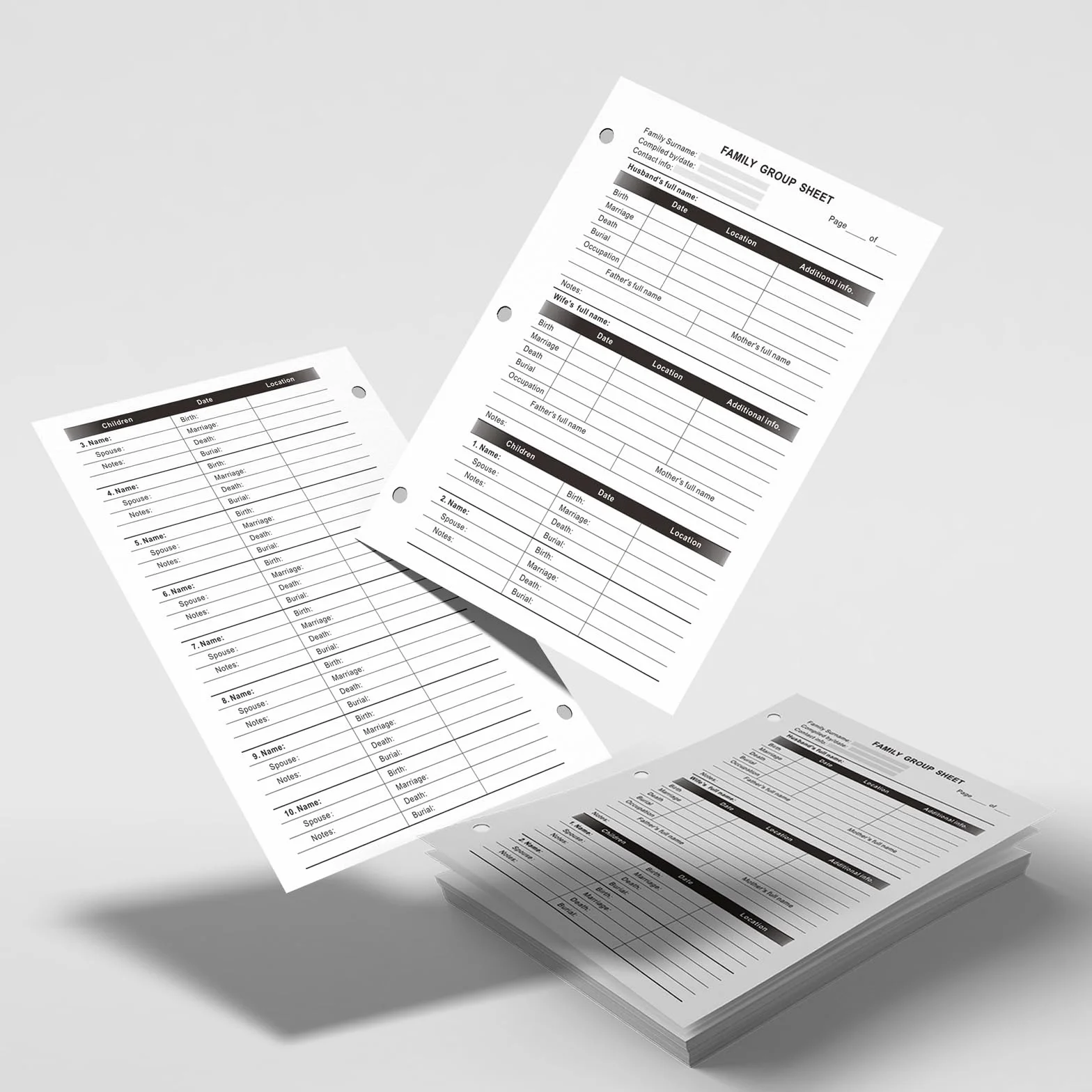 50 fogli di registro genealogico da riempire, grafici per gruppi familiari con carta d'archivio, fogli di lavoro su entrambi i lati, 21,8 x 28 cm, organizer perforato a 3 fori per ricerca sugli