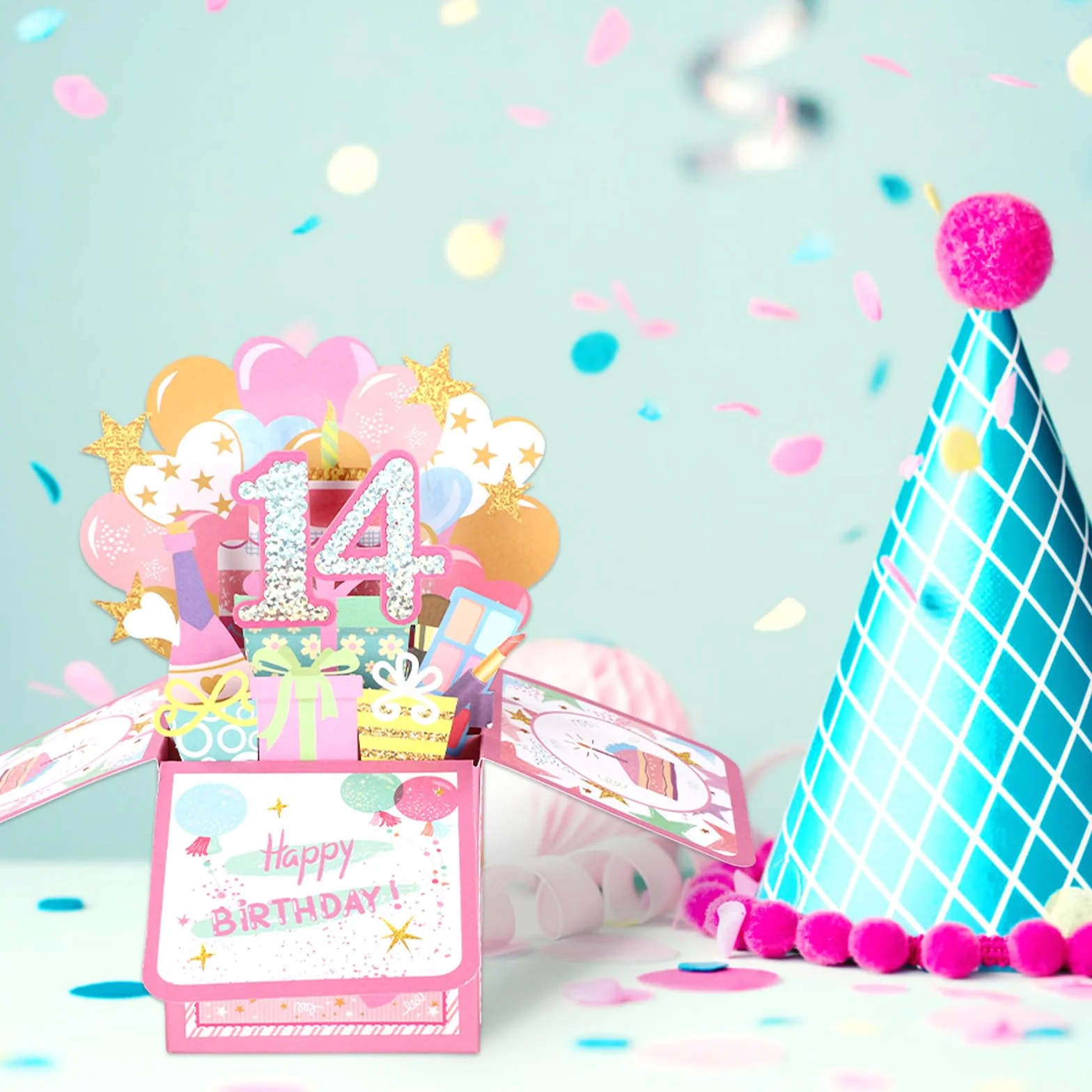 Biglietto Pop-up 3D Lucido 14th Happy Birthday con Busta, Cartolina Compleanno per Ragazza