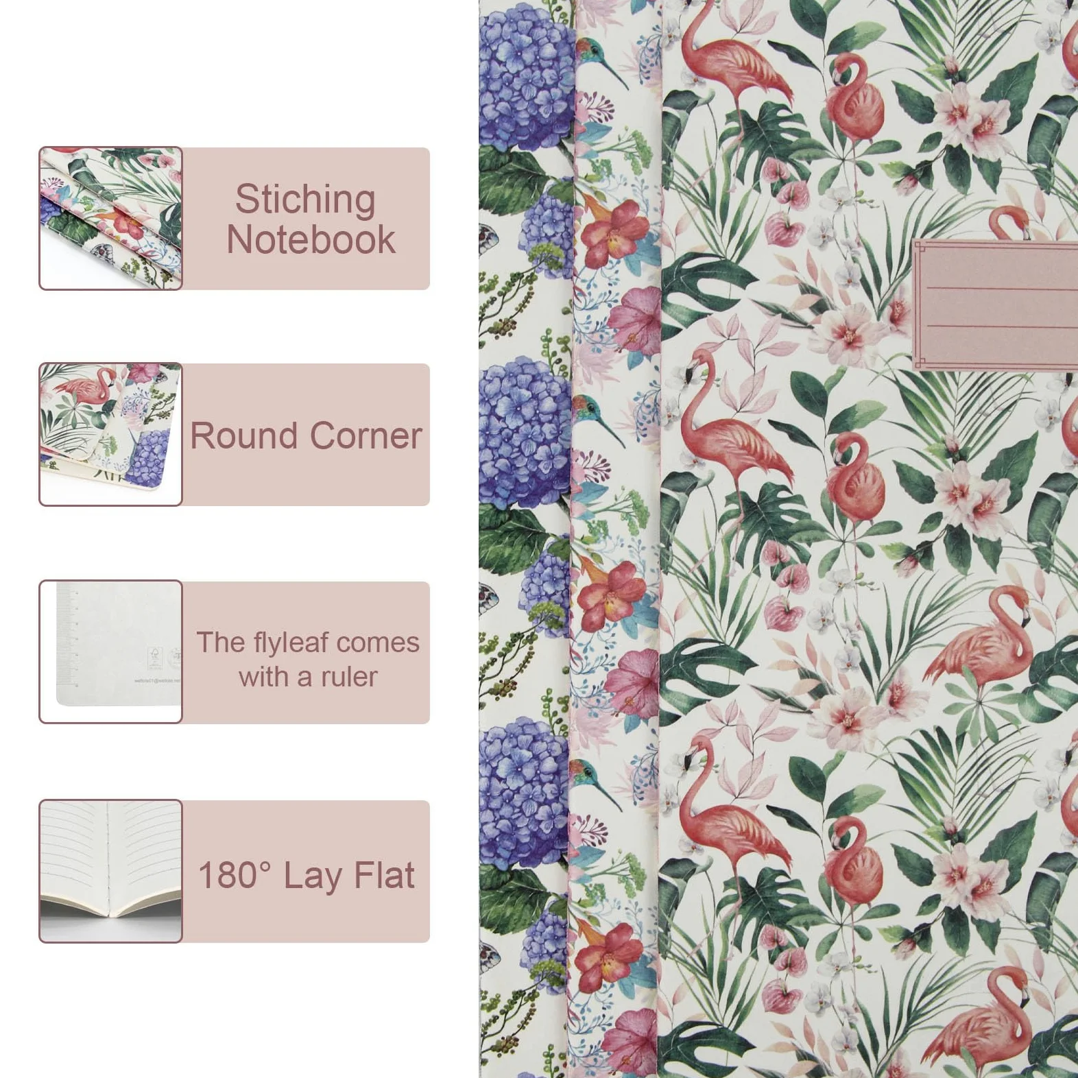 Quaderni a righe A4 con copertina morbida, confezione da 15 (210 x 297 mm, 64 pagine, 70 g/m²). Serie floreale tropicale: Flamingo Glow, Hummingbird Bloom, Butterfly Dew (5 ciascuno). Perfetto