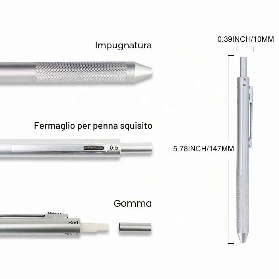 Penna a sfera multifunzione 4 in 1 ricaricabile retrattile con matita meccanica 0.7 mm inchiostro nero rosso blu Argento