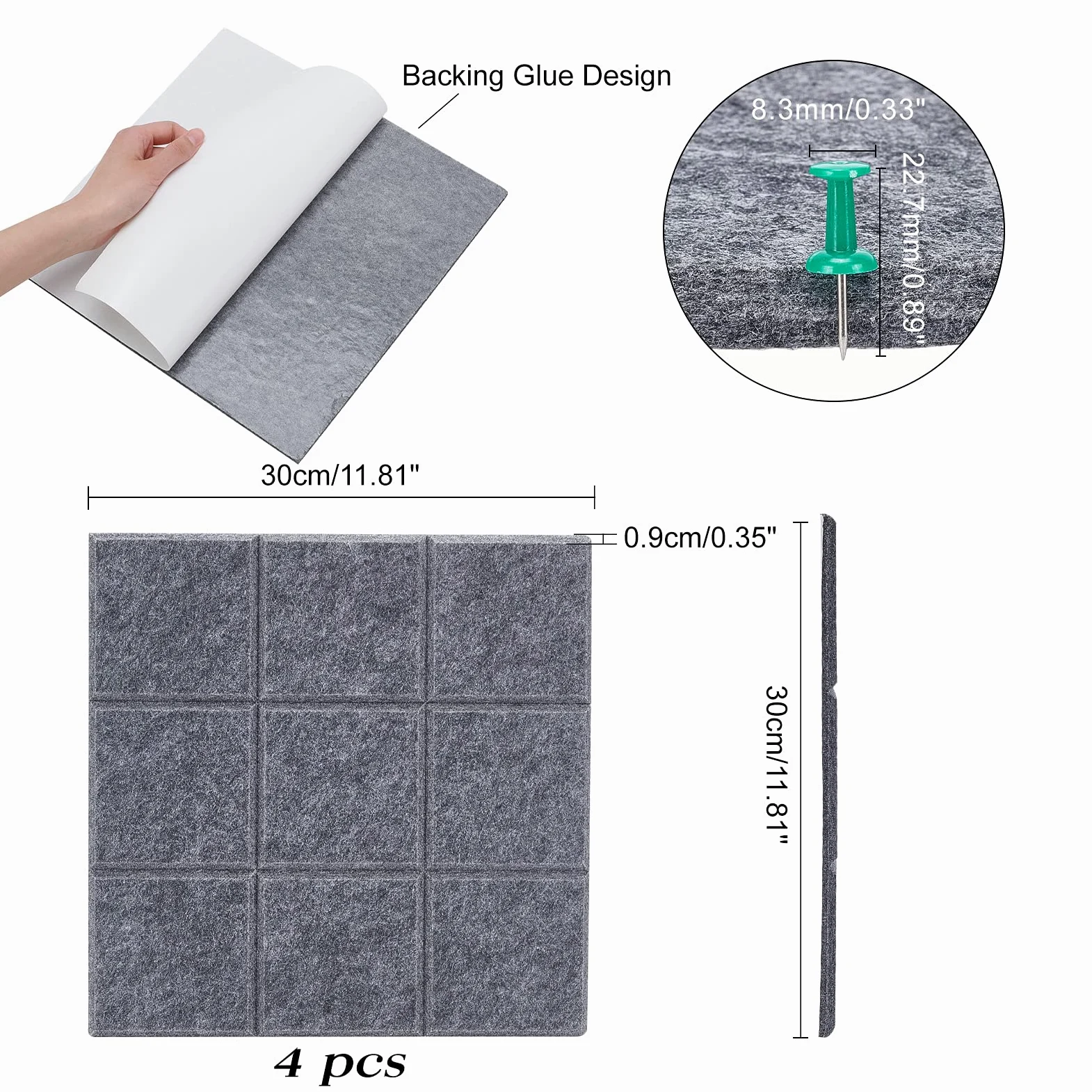 NBEADS Pannello in Feltro Quadrato da 4 Pezzo con 40 puntine A Pressione, Pannello Decorativo Fonoassorbente, Bacheca Memoin per La Decorazione di la Casa di L'Ufficio, Grigio,30x30cm